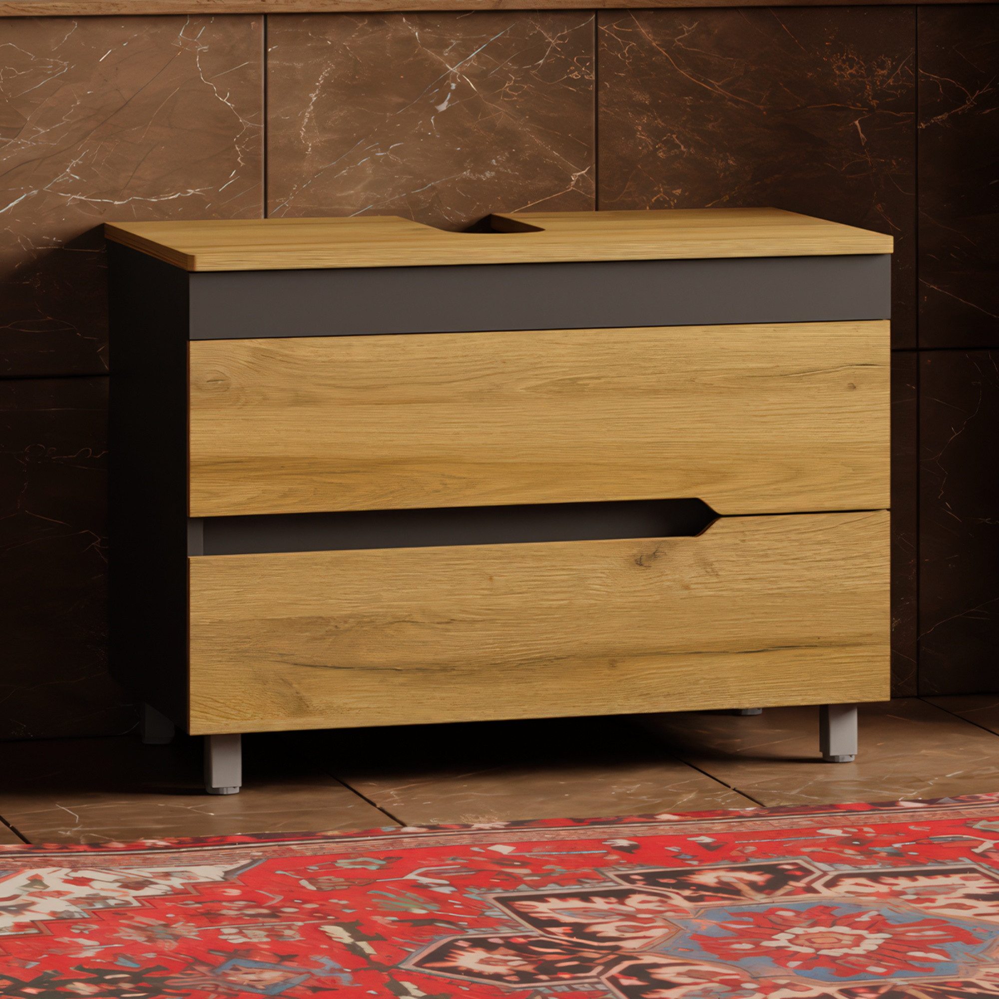 Karen Waschbeckenunterschrank Waschbeckenunterschrank Marmara 80 Konsole Eiche (Stehender Waschtischunterschrank, 2-St., Unterschrank, Konsolenplatte mit Siphonausschnitt, Füße)