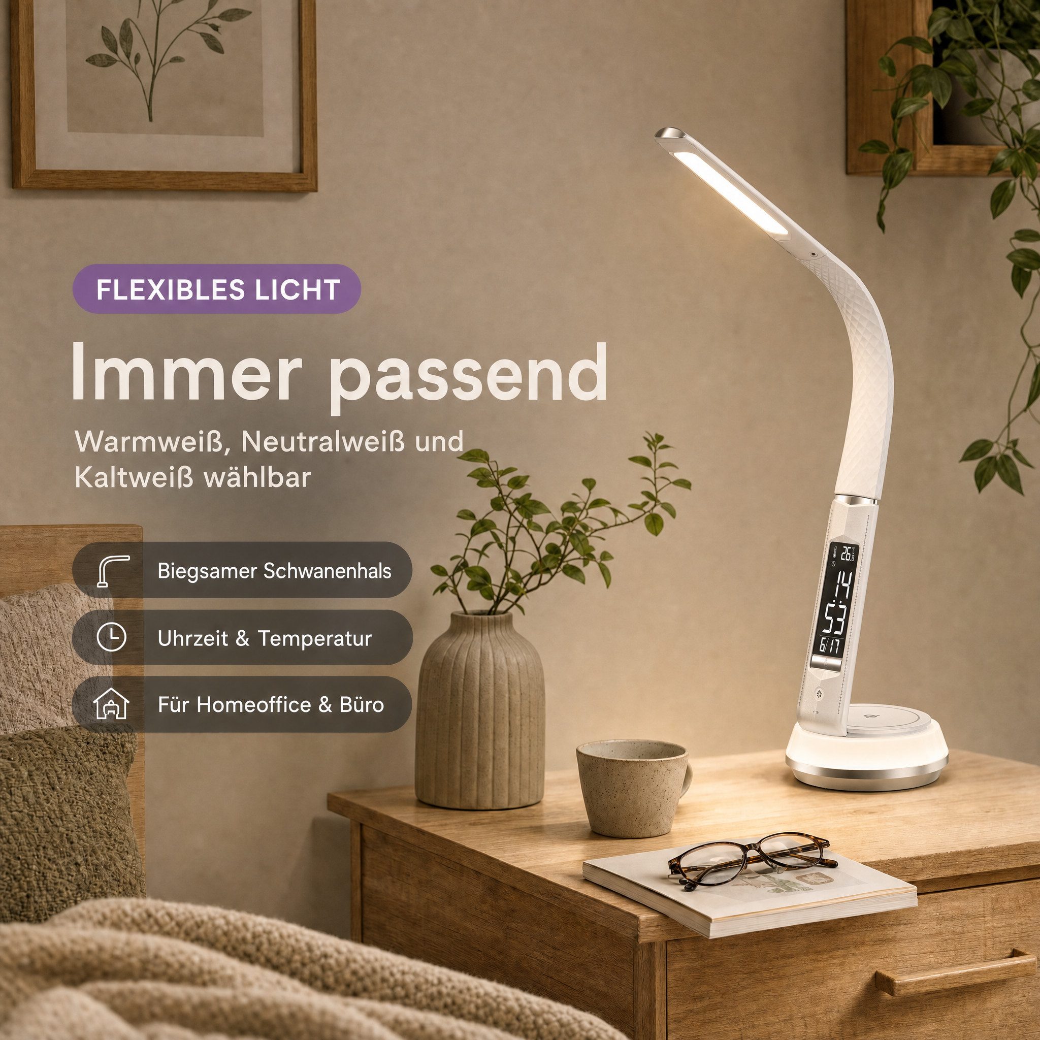Northpoint LED Schreibtischlampe Tischlampe QI-Ladestation Dimmbar integrierter Uhr & Temperaturanzeige – Bild 5 von 5