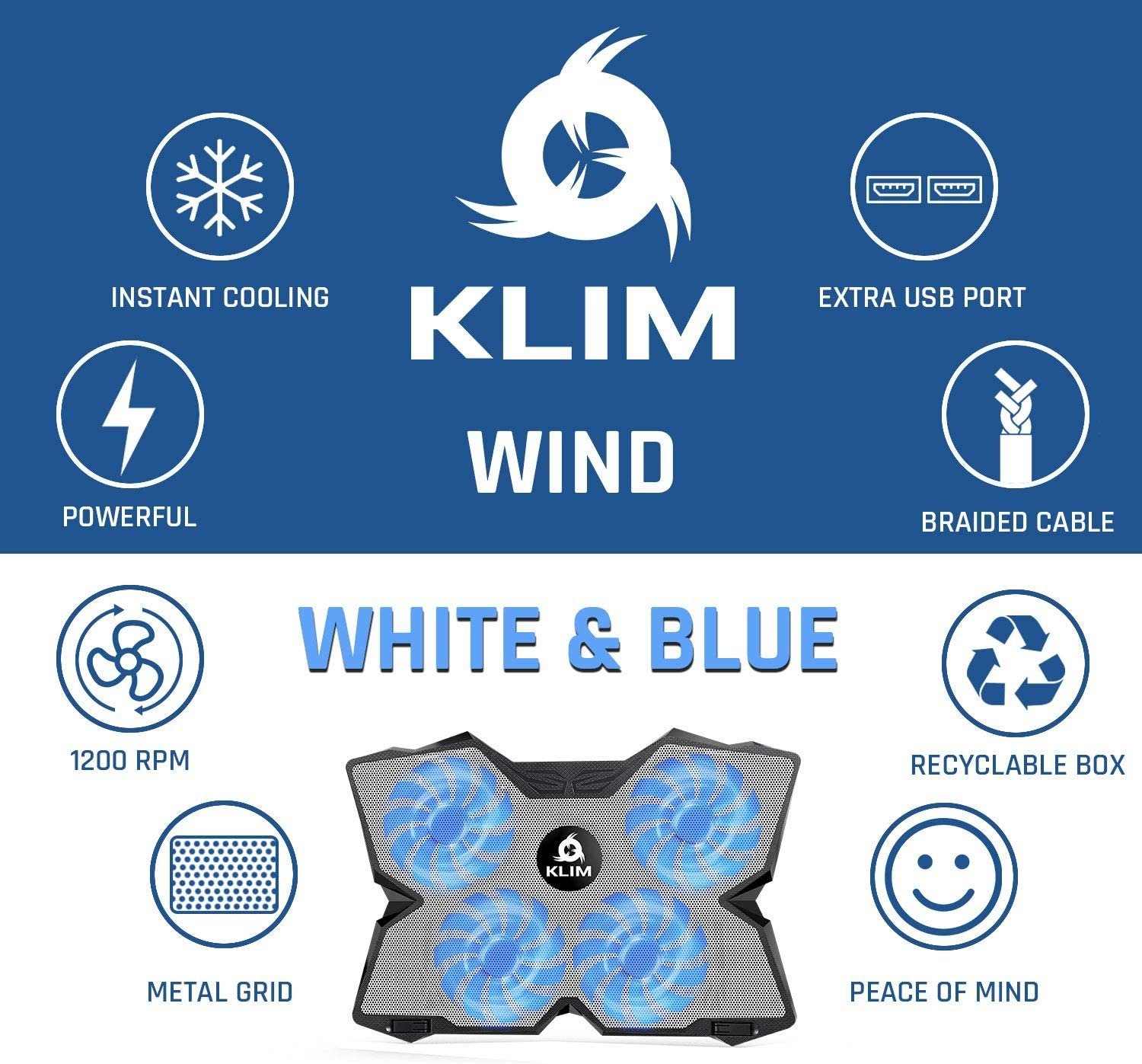 KLIM Notebook-Kühler – Laptop-Kühlpad Weiß Kühlventilator leistungsstärkste schnelle Metall Wind, der