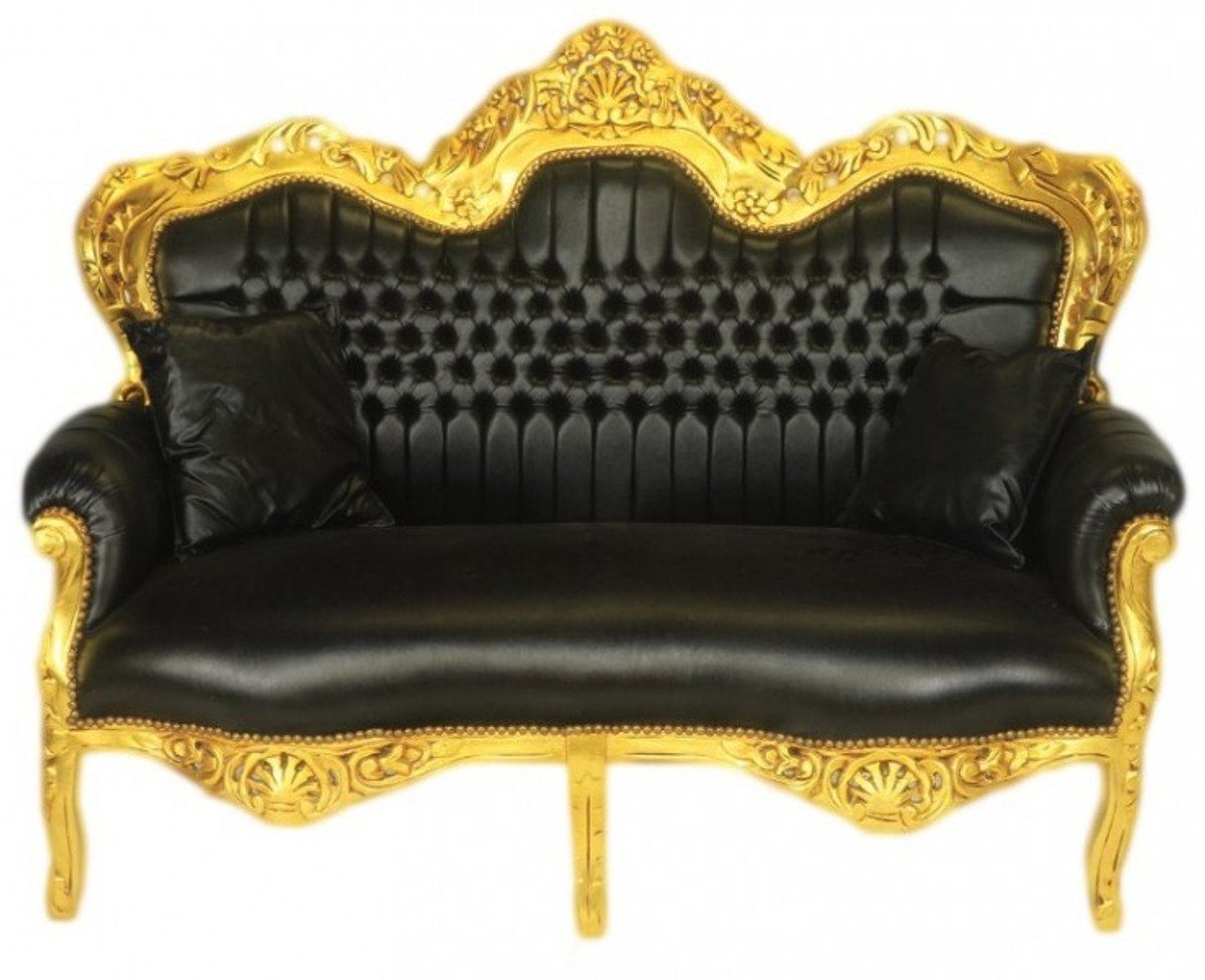 2er / Master - Barock Wohnzimmer Casa Gold Sofa Lounge Lederoptik Schwarz Couch Möbel Padrino 2-Sitzer