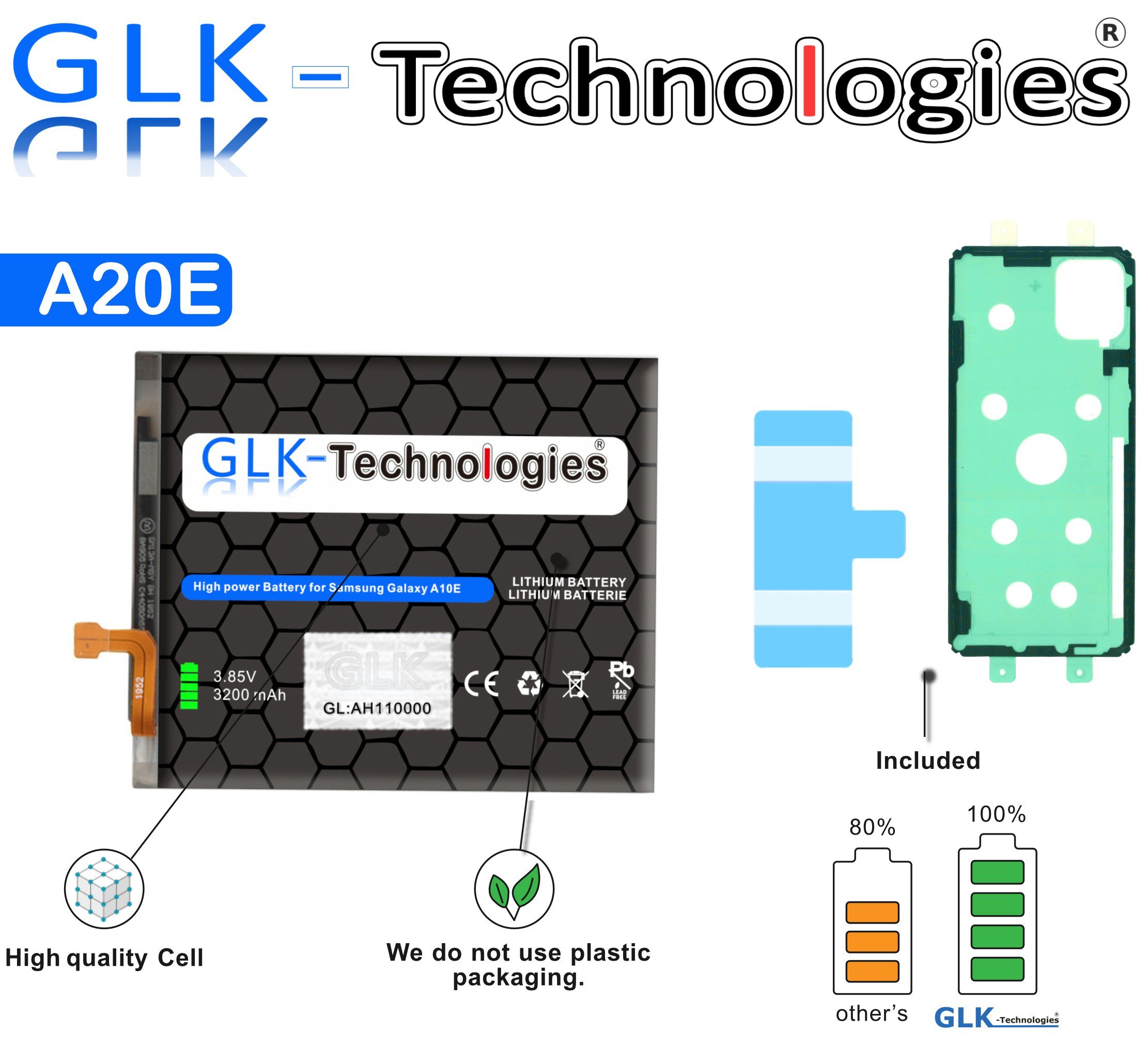 GLK-Technologies High Power Ersatzakku kompatibel mit Samsung Galaxy A20e SM-A102 SM-A102N SM-A102P GLK-Technologies Battery accu 3200mAh Akku inkl. 2X Klebebandsätze Handy-Akku 3200 mAh