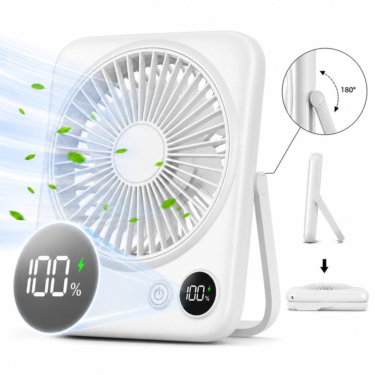 MOPUEA Tischventilator Ventilator Camping Tragbar, Ventilator Tisch mit LED-Display, 180° Klappbarer USB Lüfter Klein für Büro, Schlafzimmer, Reisen