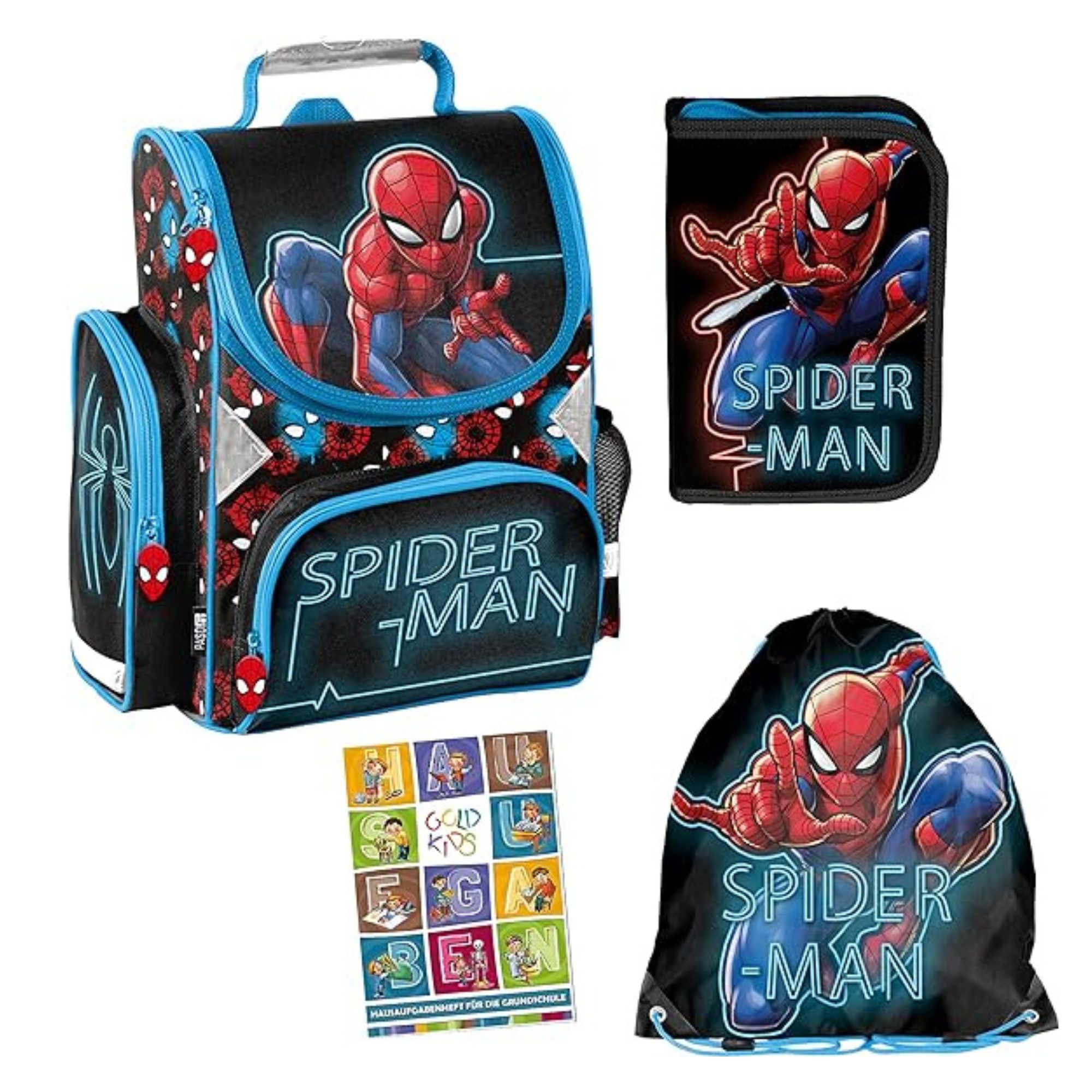 GOLDKIDS Ранці Spiderman ergonomischer Ranzen Turnbeutel (Federmappe Aufgabenheft, 1-tlg., für die Grundschule 4er Set), Lizenzartikel Marvel Spiderman Spider-man Comics