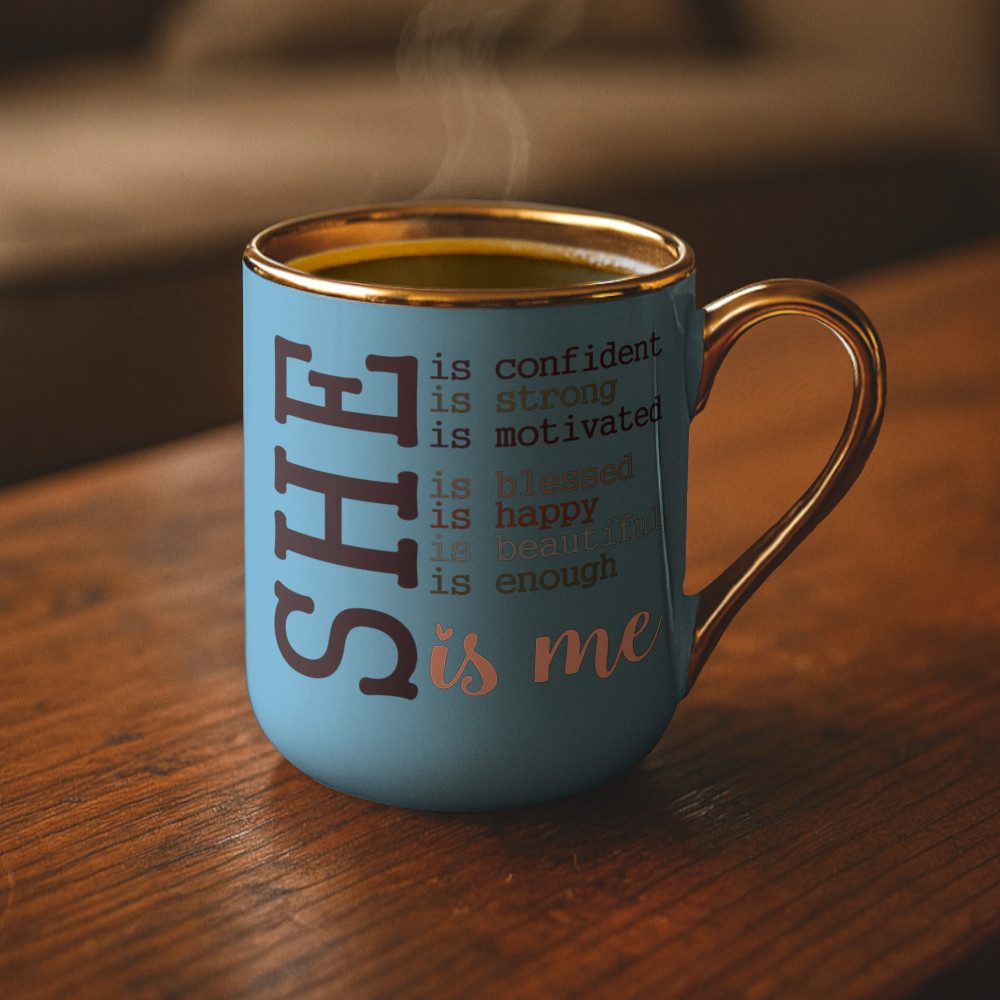 Primawela Tasse Kaffee Tasse mit glänzendem Goldrand Spruch Starke Selbstbewusste Frau