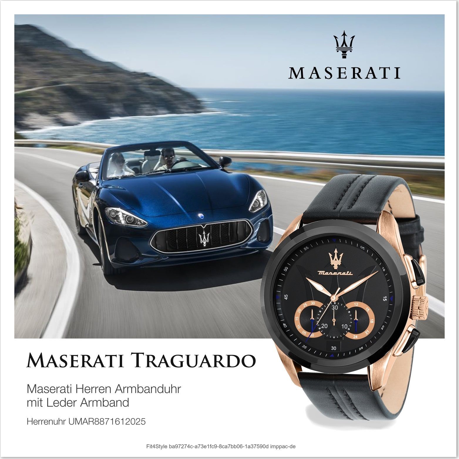 Herrenuhr rundes schwarz MASERATI (ca. Leder groß Chronograph Armband-Uhr, Gehäuse, 55x45mm) Lederarmband, Maserati