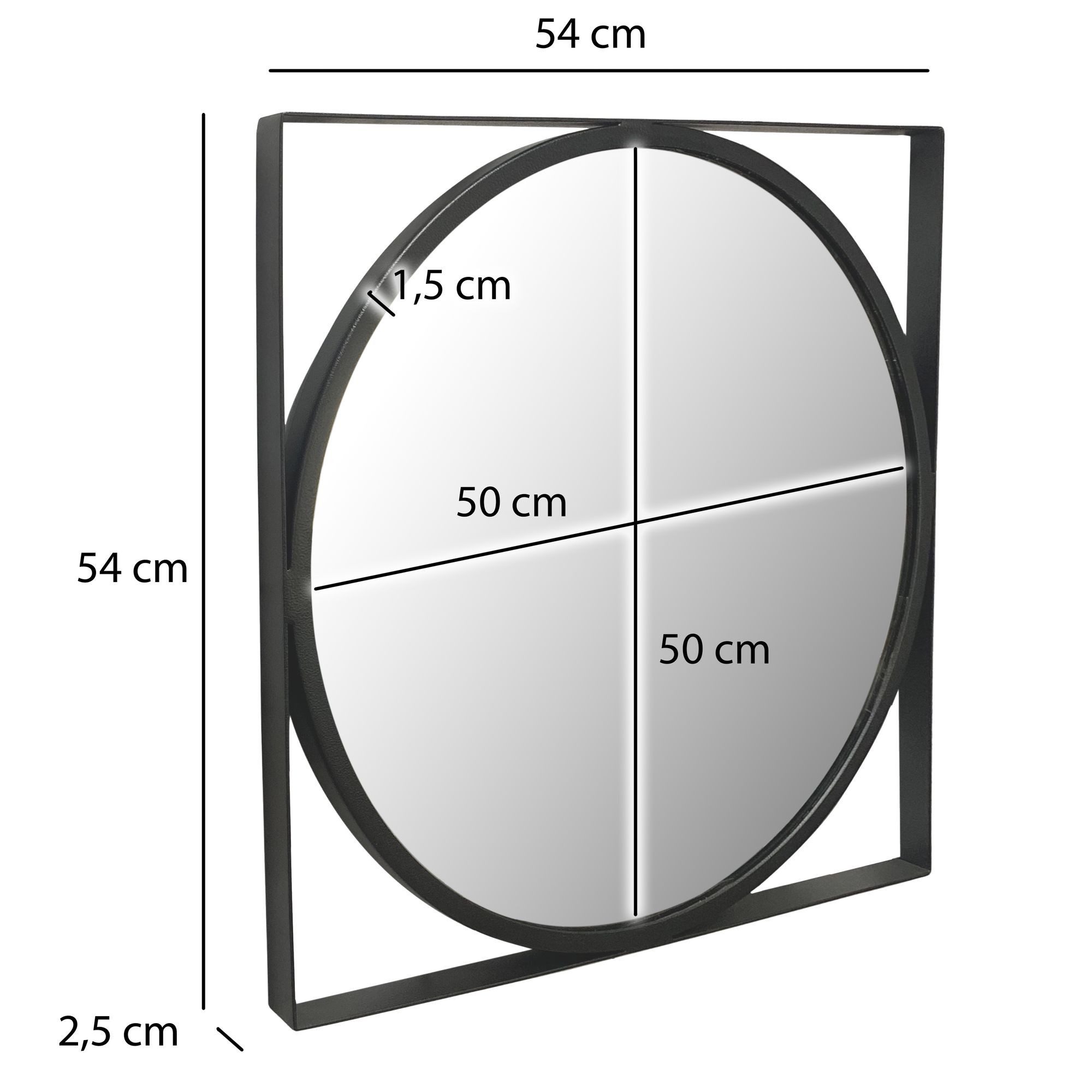 FINEBUY Wandspiegel Flurspiegel Rund Metall 54x54 cm Spiegel Hängespiegel FB102492 (Dekospiegel Quadratisch, Schwarz Metall 54x54 cm), Flurspiegel Garderobenspiegel, Hängespiegel Modern