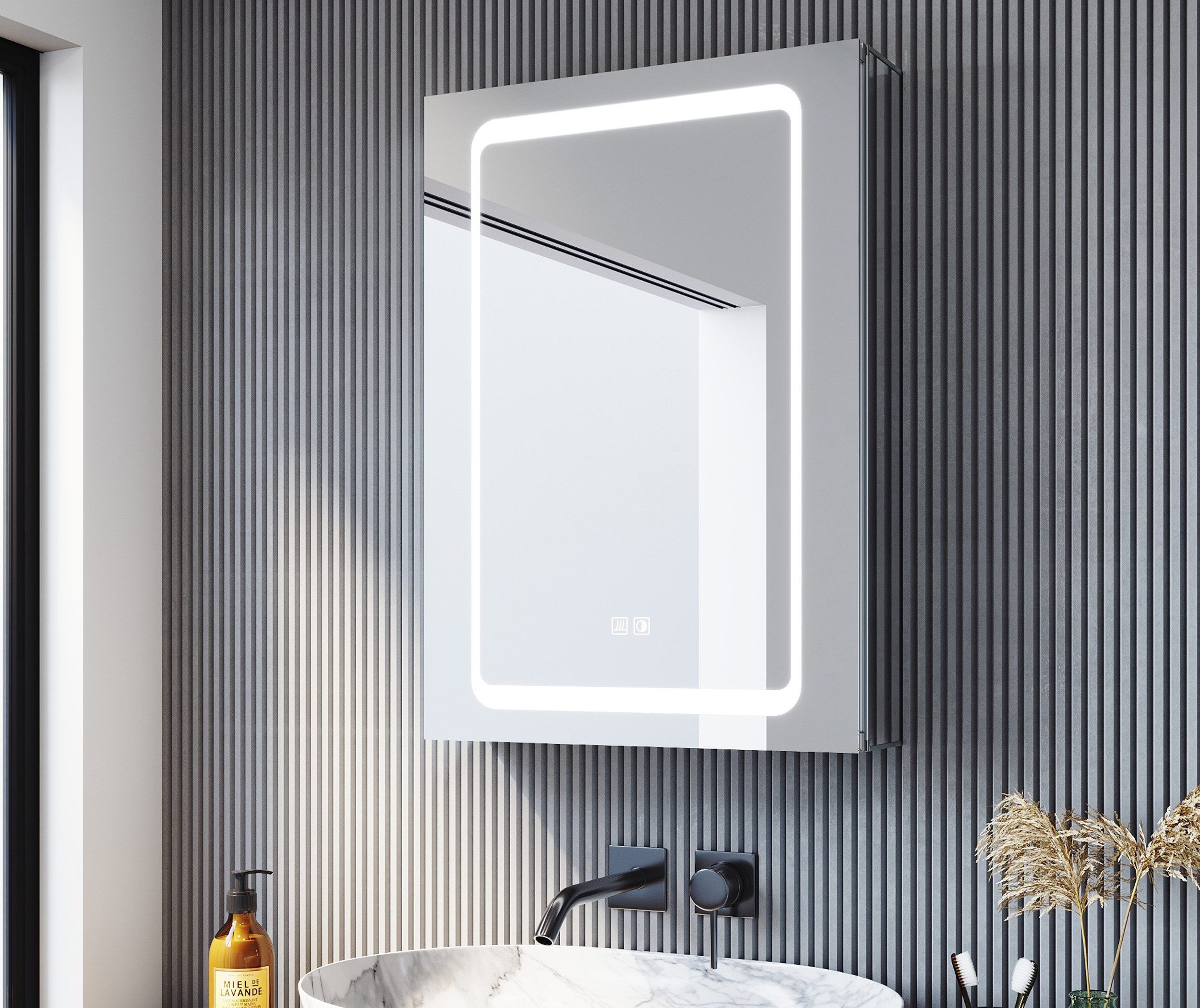 SONNI Spiegelschrank Dreifarbiger LED-Badezimmerspiegelschrank mit Antibeschlag-Funktion Aluminium mit Touch-Bedienung und integrierter Rasierersteckdose