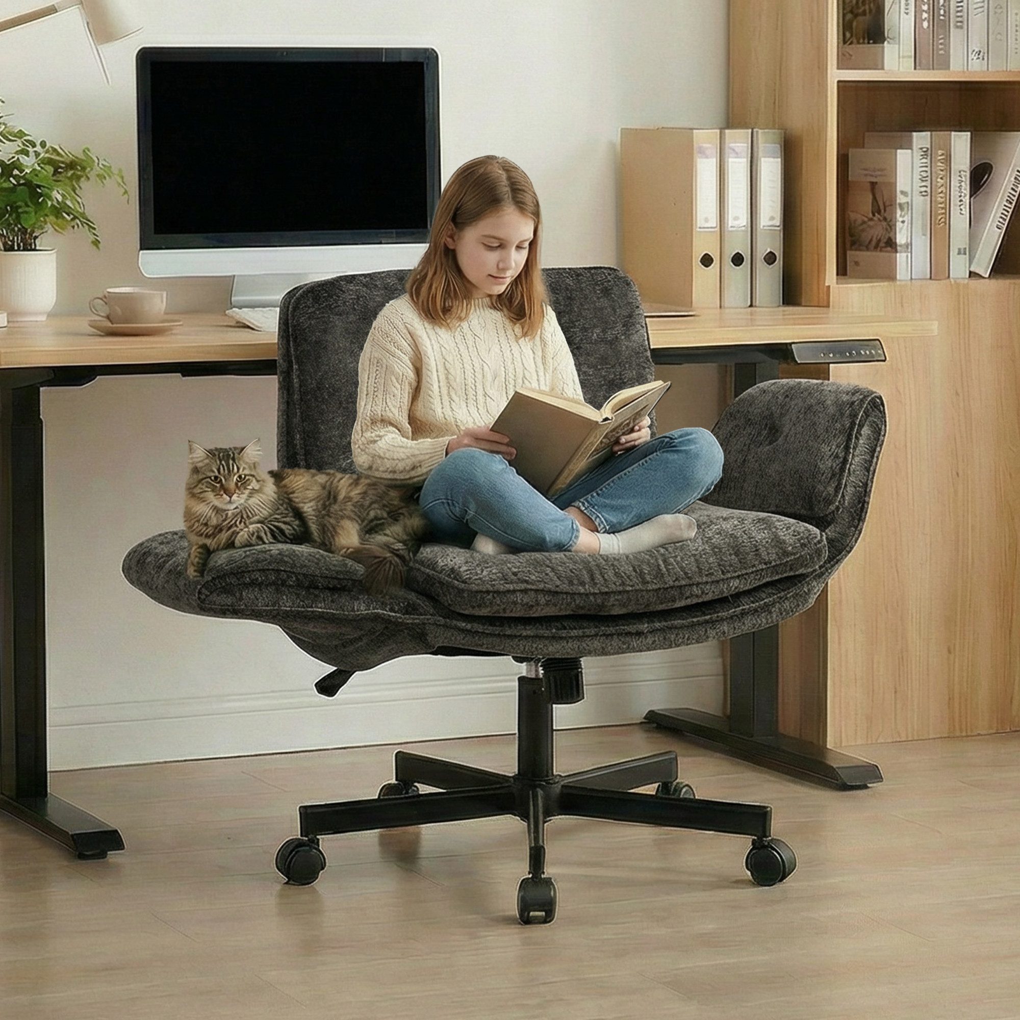 Leawin Drehstuhl Bürostuhl ergonomisch mit breitem Sitz & 5-fach Armlehnen, Schreibtischstuhl mit Chenille-Bezug, Rollen & 150 kg