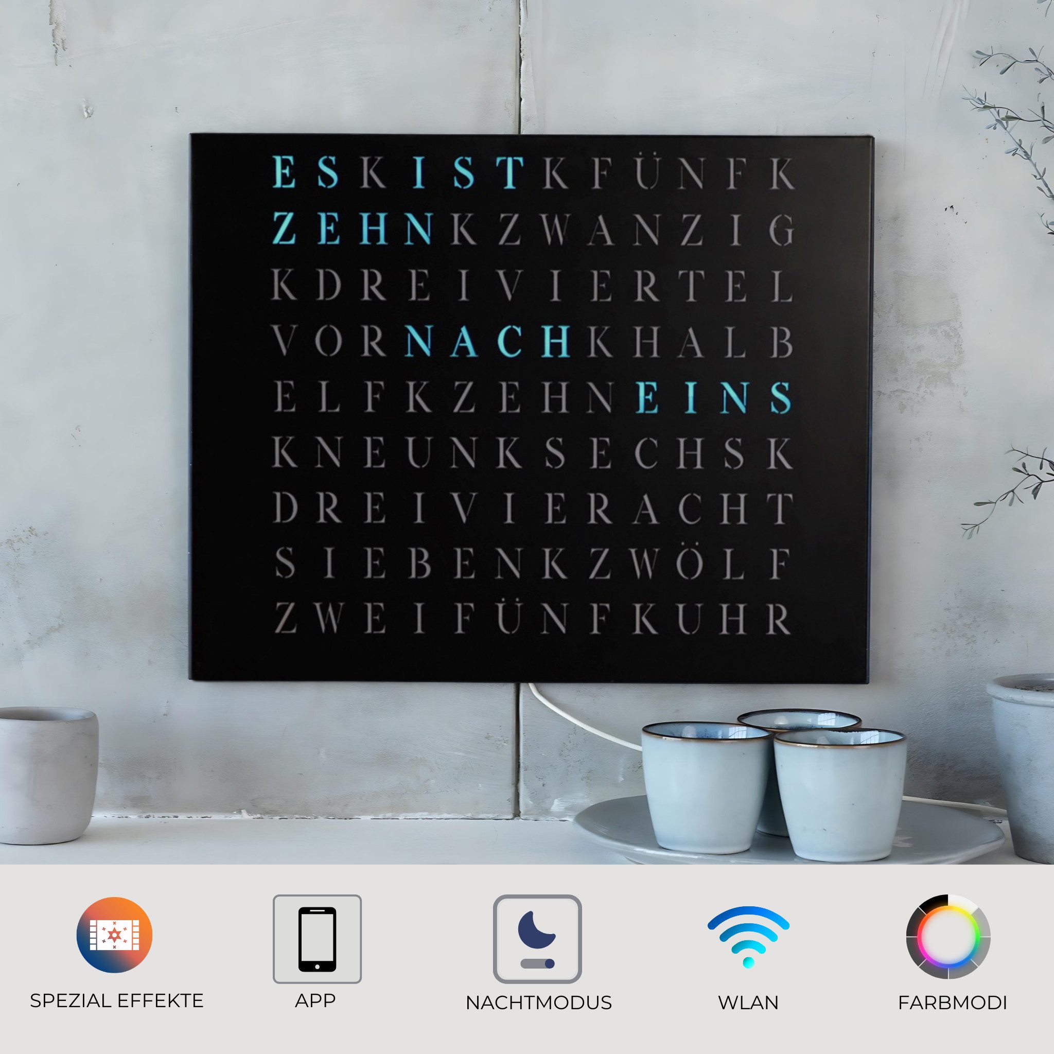 build-yours.de Wanduhr Wortuhr Jupiter in Deutsch - LED Wanduhr zum Aufhängen & Hinstellen (Elegante WordClock aus Stuttgart)