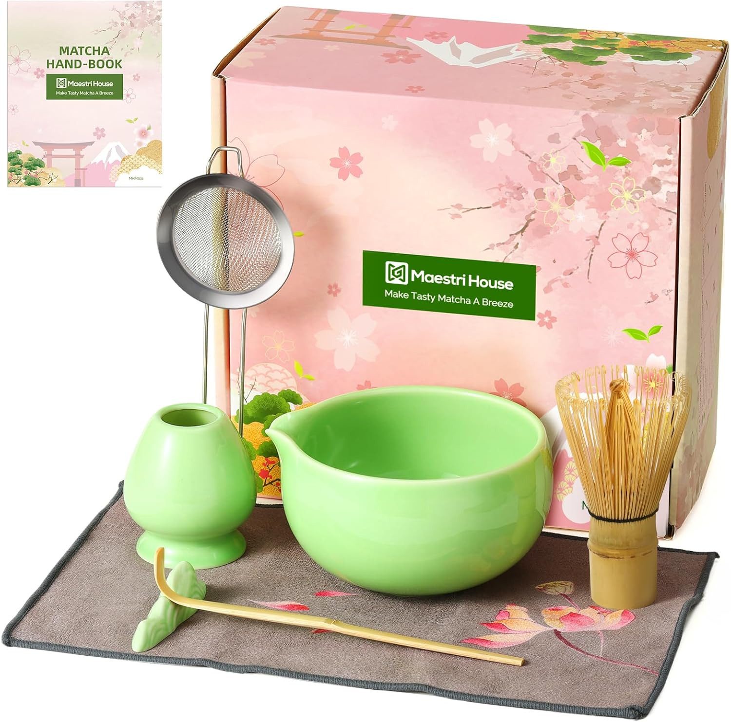 Maestri House Teeservice Matcha Besen Set Geschenkset 7-Teilig Japanisches Matcha Zubehör Set, Bambus, mit Ausgießer-Schale, Bambus Chasen & Halter