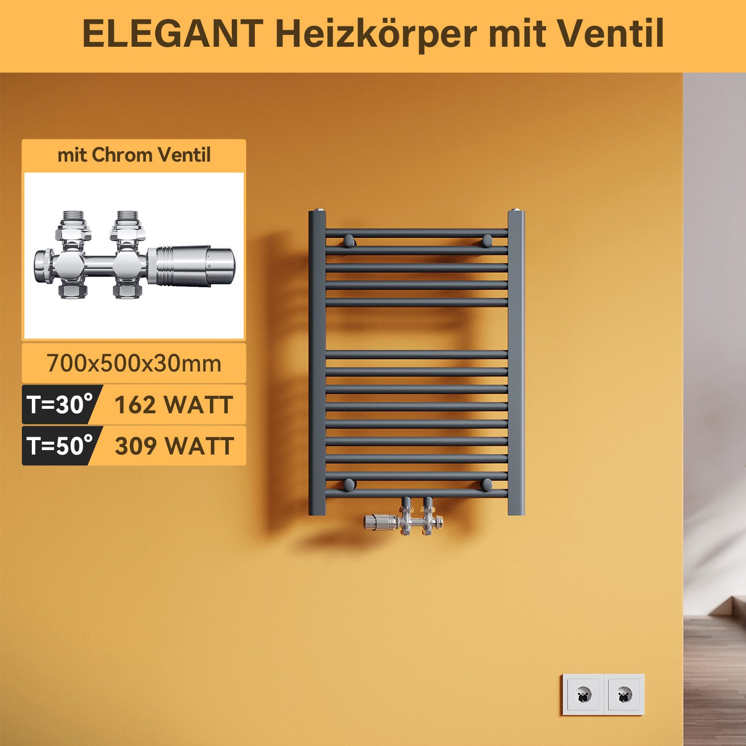SONNI Badheizkörper Handtuchheizkörper Bad Handtuchwärmer Handtuchtrockner, Anthrazit, Mittelanschluss, mit/ohne Multiblock