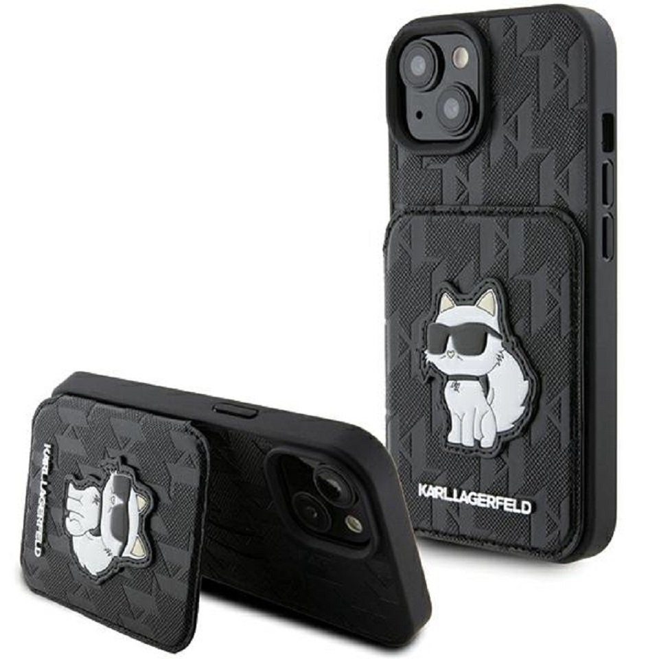 KARL LAGERFELD Handyhülle Case iPhone 15 aufstellbar Katze Kunstleder schwarz Logo 6,1 Zoll, Kantenschutz