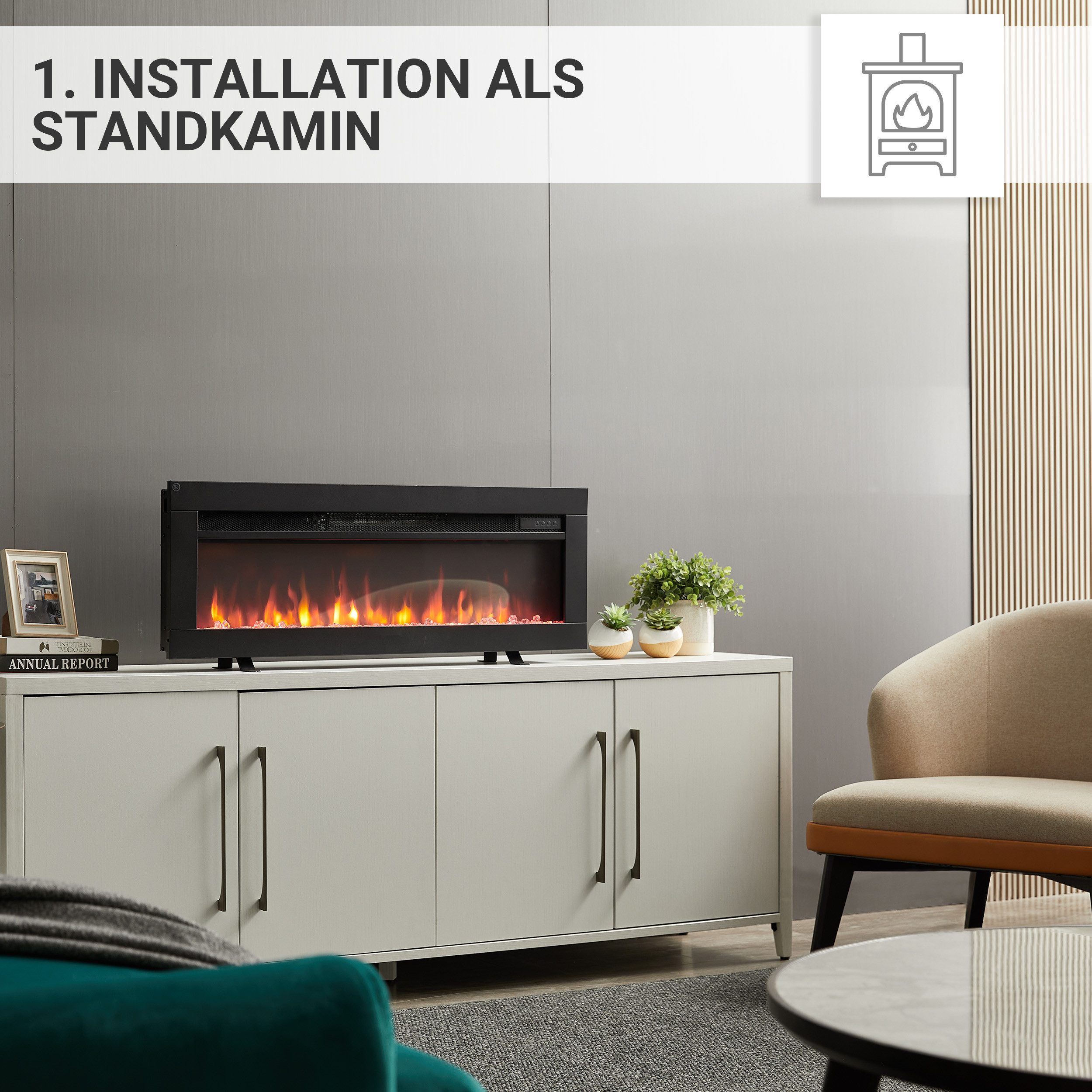 Balderia Elektrokamin Agnes 36, 3in1 Elektrokamin für Stand-, Wand- oder Einbau-Montage