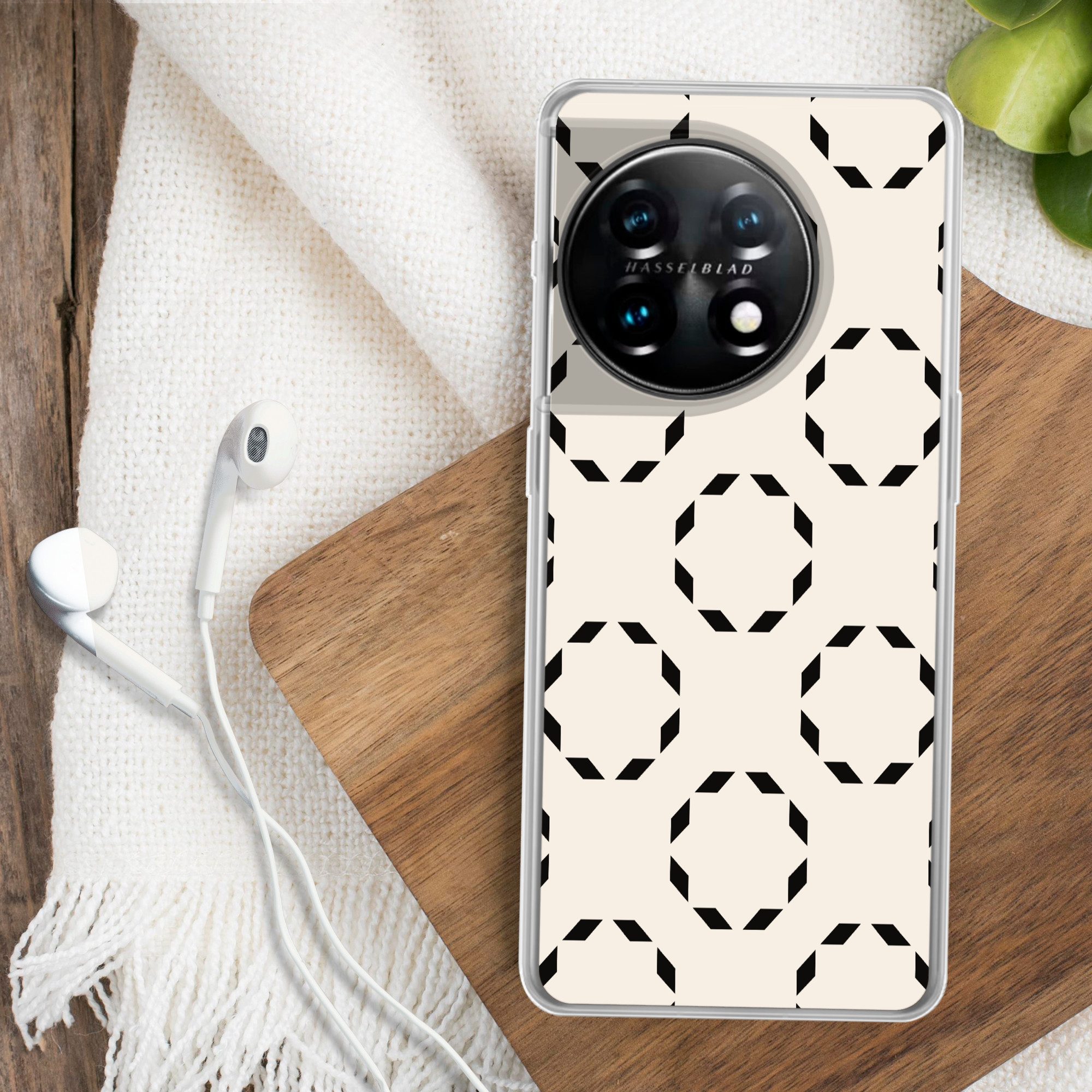 MuchoWow Handyhülle für OnePlus 11 Kreise - Muster - Schwarz - Beige - Abstrakt, Handy Case, Silikon, Bumper Case Dünn