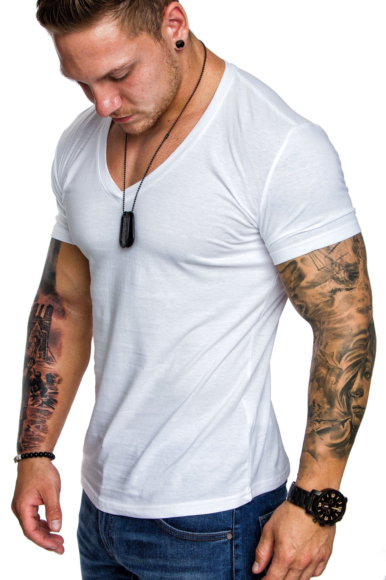 mit Herren V-Ausschnitt Basic Weiß Shirt Einfarbig Amaci&Sons T-Shirt V-Ausschnitt EUGENE Basic T-Shirt Vintage V-Neck