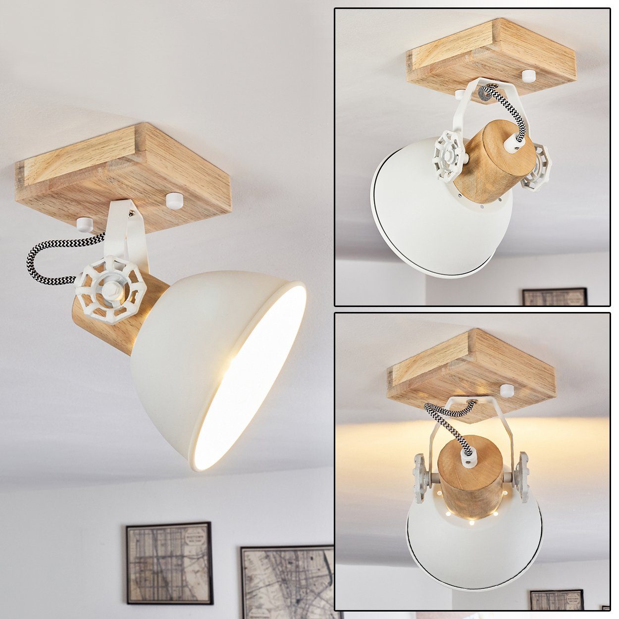 hofstein Deckenleuchte »Cotes« verstellbare Wandlampe aus Metall/Holz in Weiß/Braun, ohne Leuchtmittel, 1xE27, Wandspot im Retro/Vintage Design | Deckenlampen