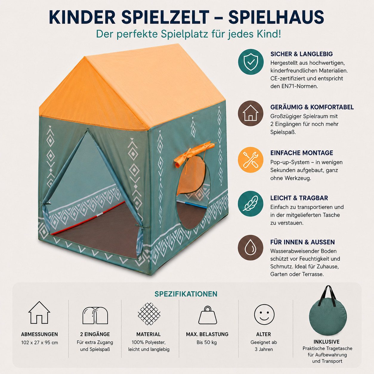 COIL Spielzelt Kinderspielzelt, Kinderzelt, Zelt für Kinder, Zelt, (5-tlg) Krabbeltunnel, Tipi, Teilhaus, Spielhaus, für Kinder ab 3 Jahren