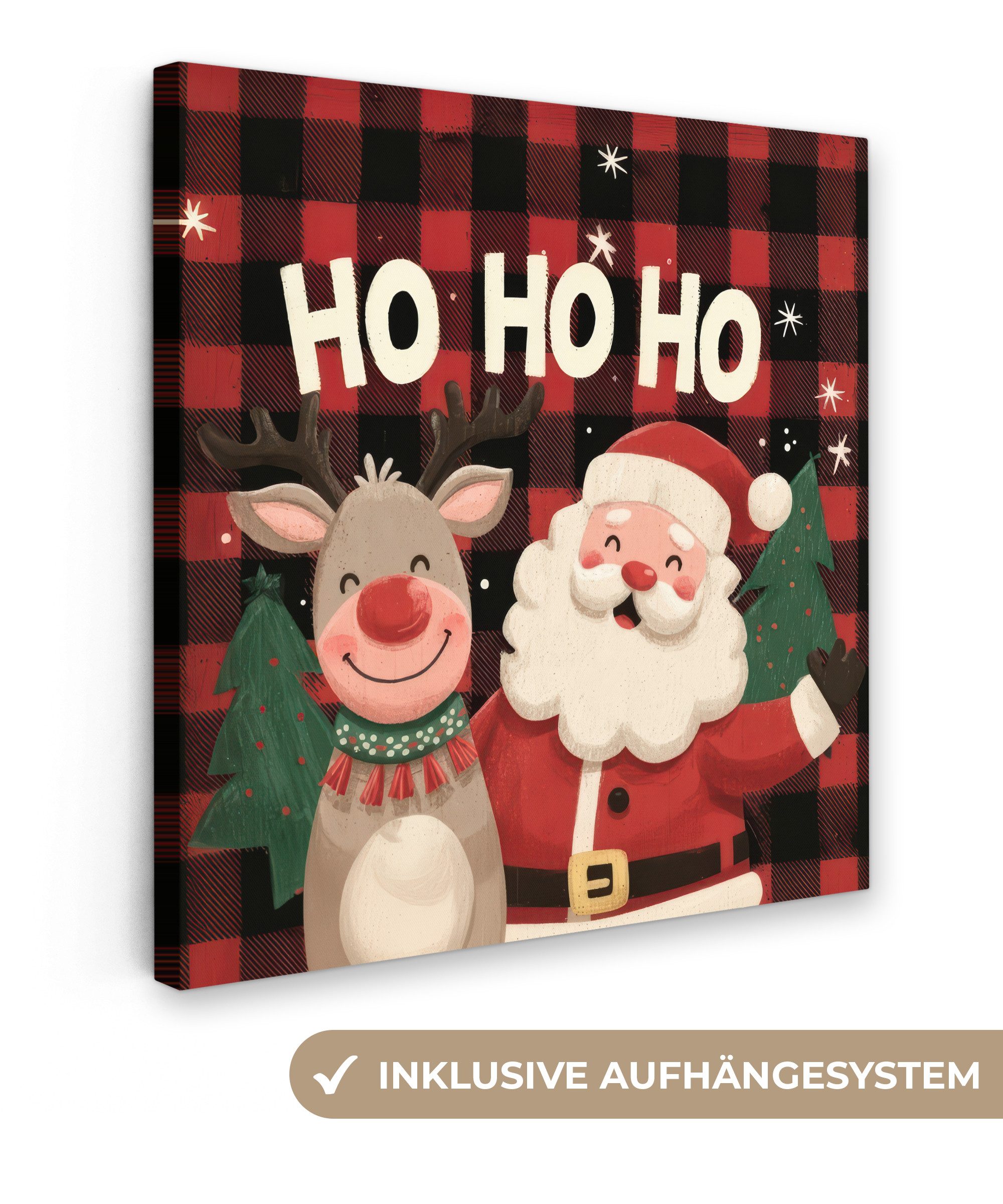 OneMillionCanvasses® Leinwandbild Weihnachtsmann - Rentier - Text - Rot - Schwarz, Fotodruck (1 St), Wandbild, Deko Schlafzimmer Wohnzimmer Flur 20x20 cm