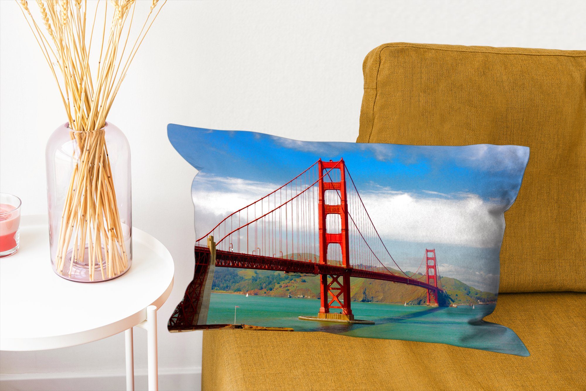 Füllung, in Schlafzimmer Dekoration, auf die Kalifornien, Dekokissen mit Wohzimmer Bridge Golden Gate Dekokissen MuchoWow Blick Zierkissen,