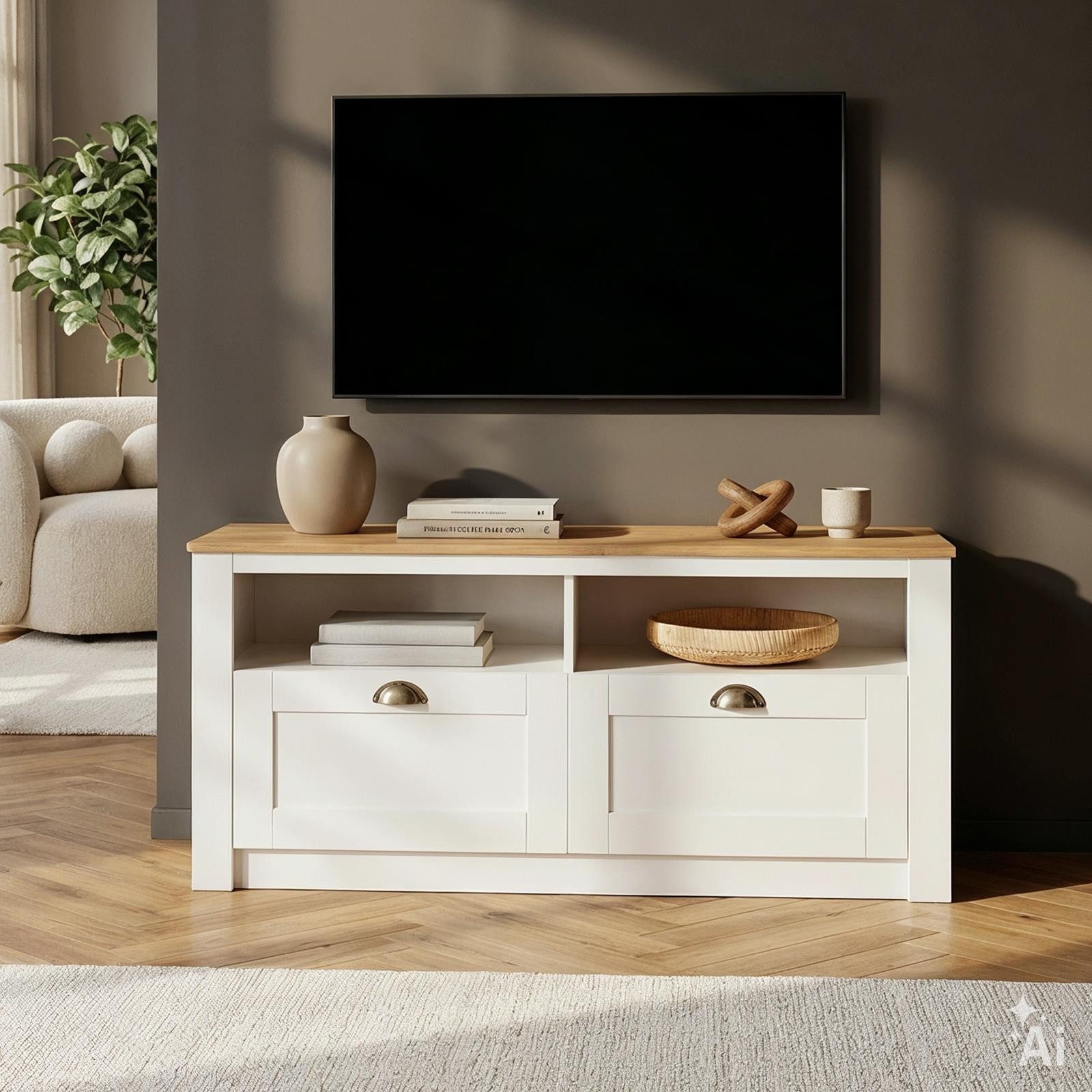 IDIMEX Lowboard BOLTON, TV Schwarz mit 2 Schubladen aus Massivholz mit Muschelgriff Weiß/Braun