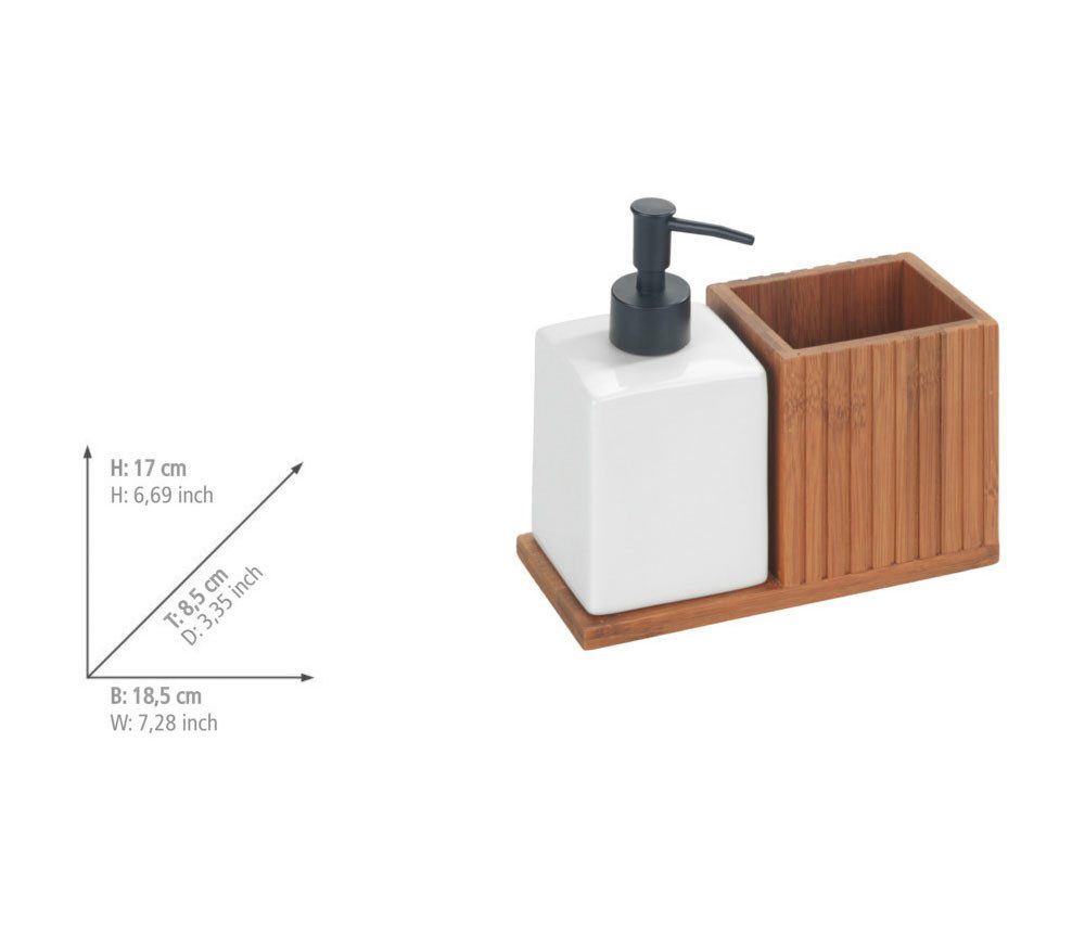 WENKO Spülmittelspender Modell Mera, mit Utensilienhalter, Keramik & geräucherter Bambus, Landhaus-Stil