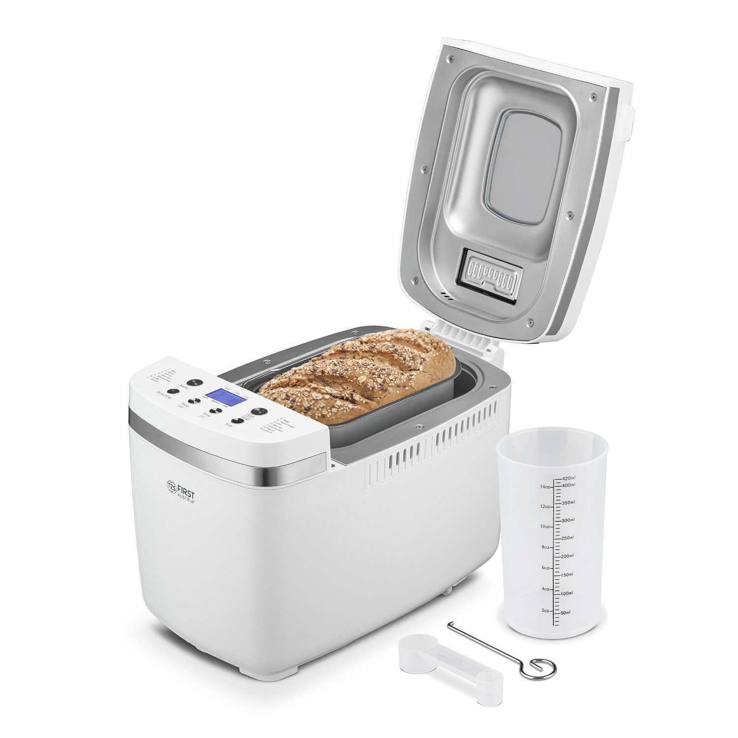 TZS FIRST AUSTRIA Brotbackautomat 900g oder 1350g, 850W, Timer, Abschaltautomatik, Display, 14 Programme, 0 W, Brotbackautomat, 2 Knethaken, Antihaftbeschichtet, Sauerteig