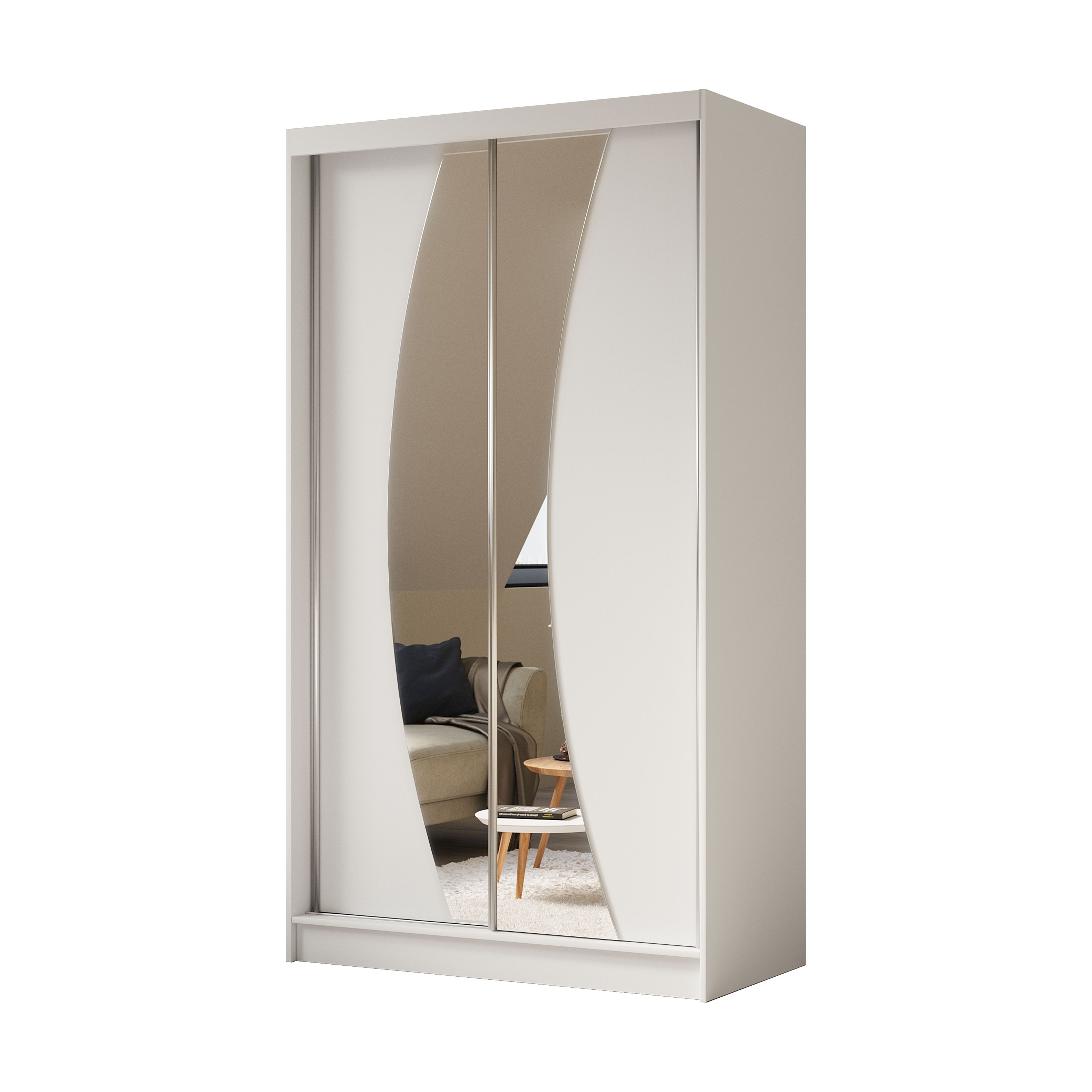 Masseno Schwebetürenschrank VOCE 120 cm Kleiderschrank mit Spiegel 2 Türen Weiß