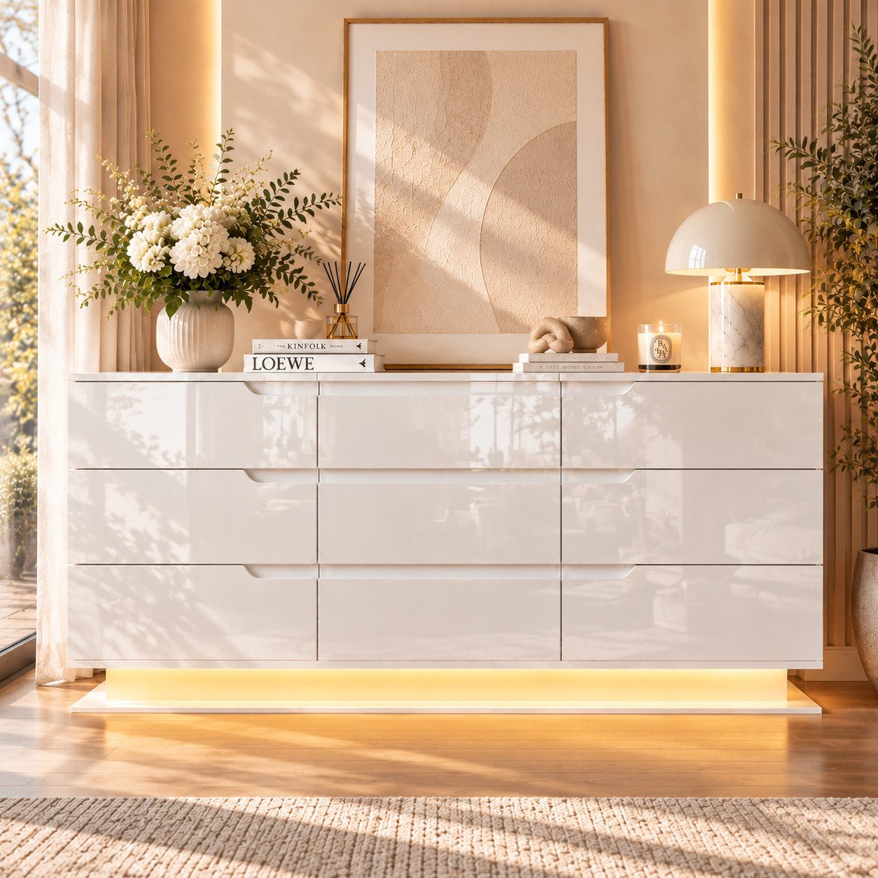 Simurq Schubkastenkommode Sideboard mit 9 Schubladen, Hochglanz, RGB-LED & Ladestation, Hochglanz, grifflose Optik, RGB-LED, schwebende Sockeloptik