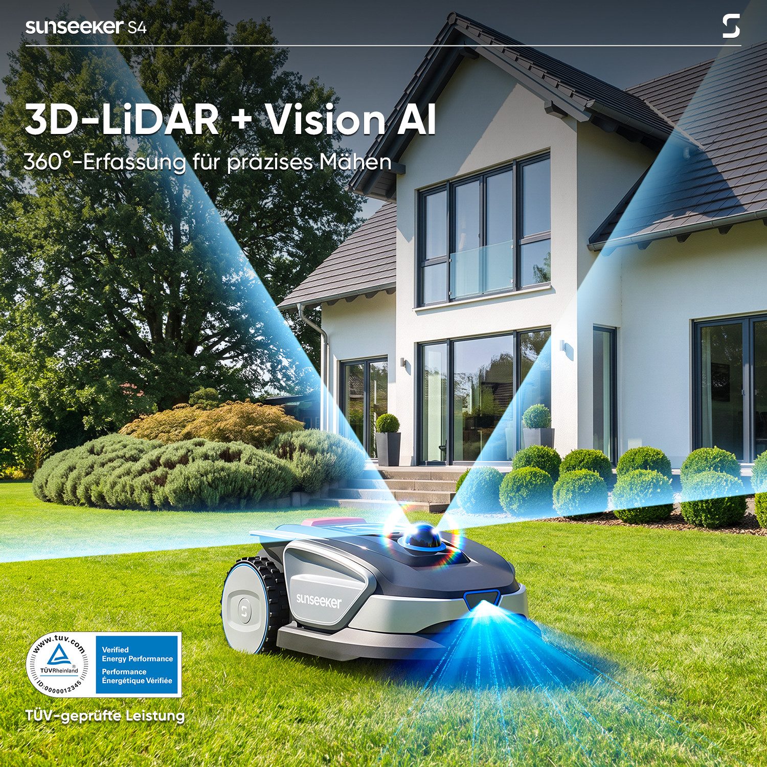 Sunseeker Rasenmähroboter S4, bis 1000 m² Rasenfläche, (Packung), 3D LiDAR + Vision, KI Kartierung, 42% Steigung, App-Steuerung