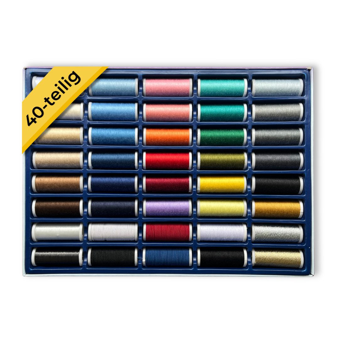 Zettl GmbH Komplettset 40 Spulen, Nähmaschinen und Handnähen Nähgarn, (40-teilig), enthält Allesnähfaden, Nähzwirn, Effektgarn und Gummi-Nähfaden