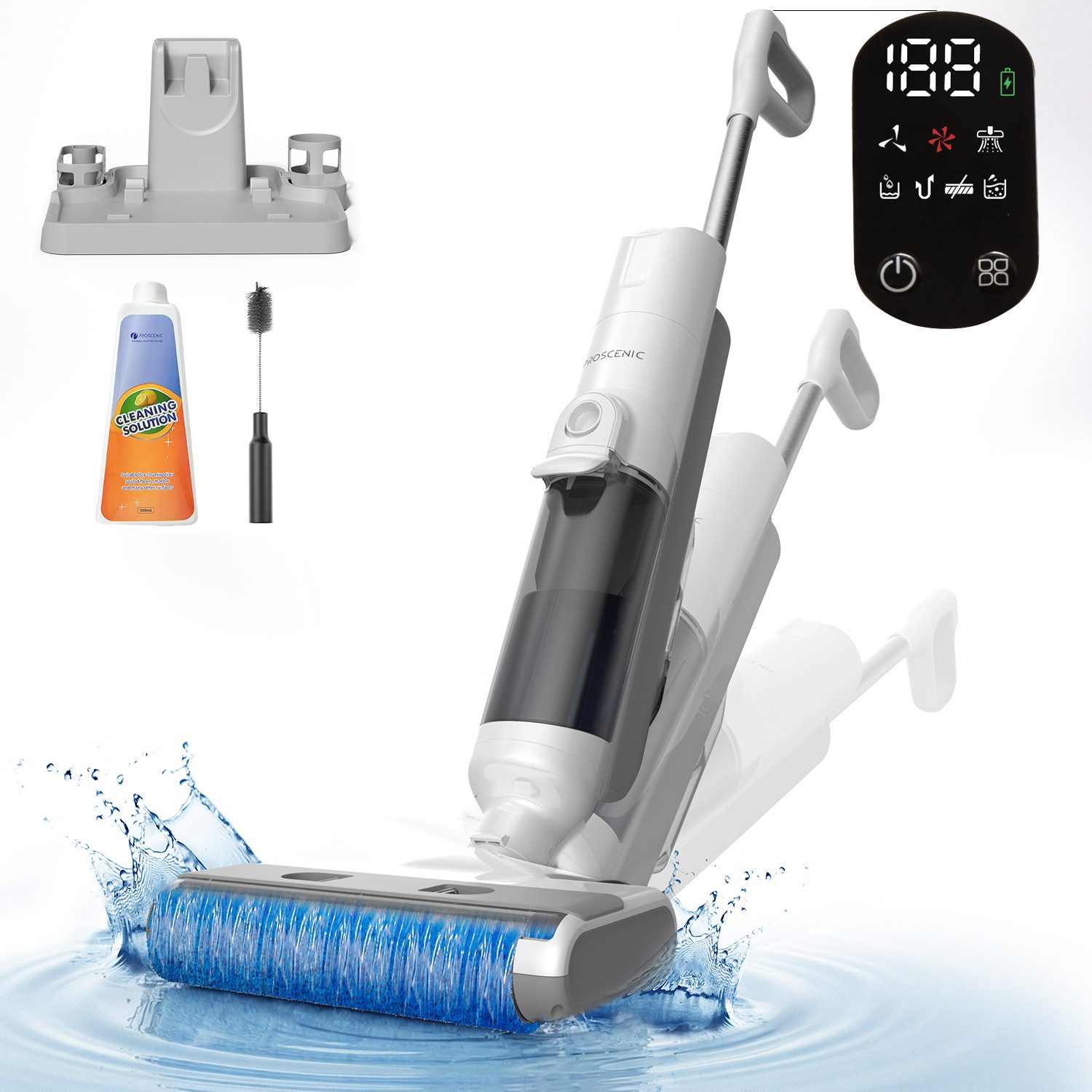 Proscenic Nass-Trocken-Akkusauger 2026 20000Pa, Selbstreinigender Wischmopp, Kantenreinigung <0,7mm, 250 W, beutellos, 4 in 1, Doppel-Tanksystem 910ml, 60min Laufzeit