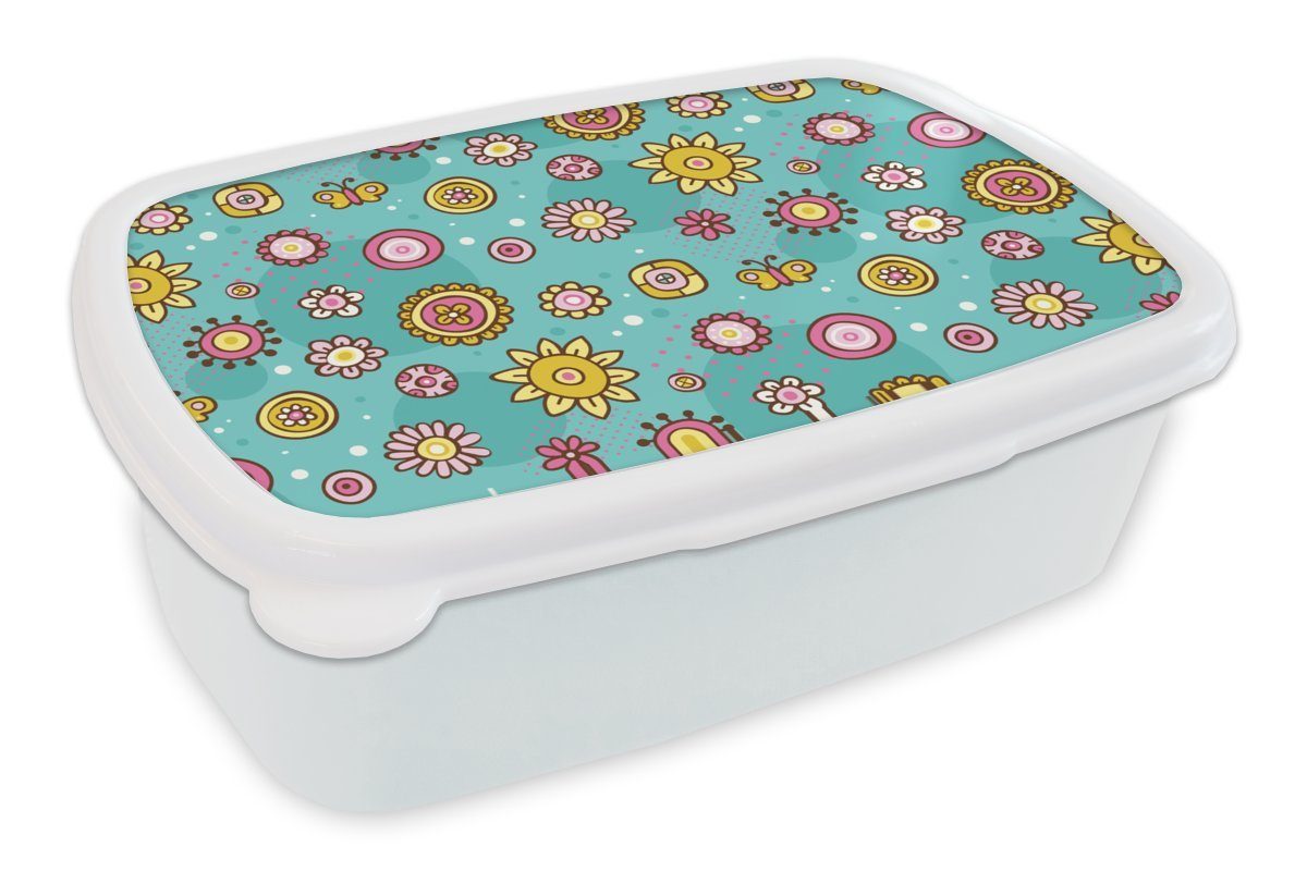 MuchoWow Lunchbox Blumen - Schmetterlinge - Muster, Kunststoff, (2-tlg), Brotbox für Kinder und Erwachsene, Brotdose, für Jungs und Mädchen weiß