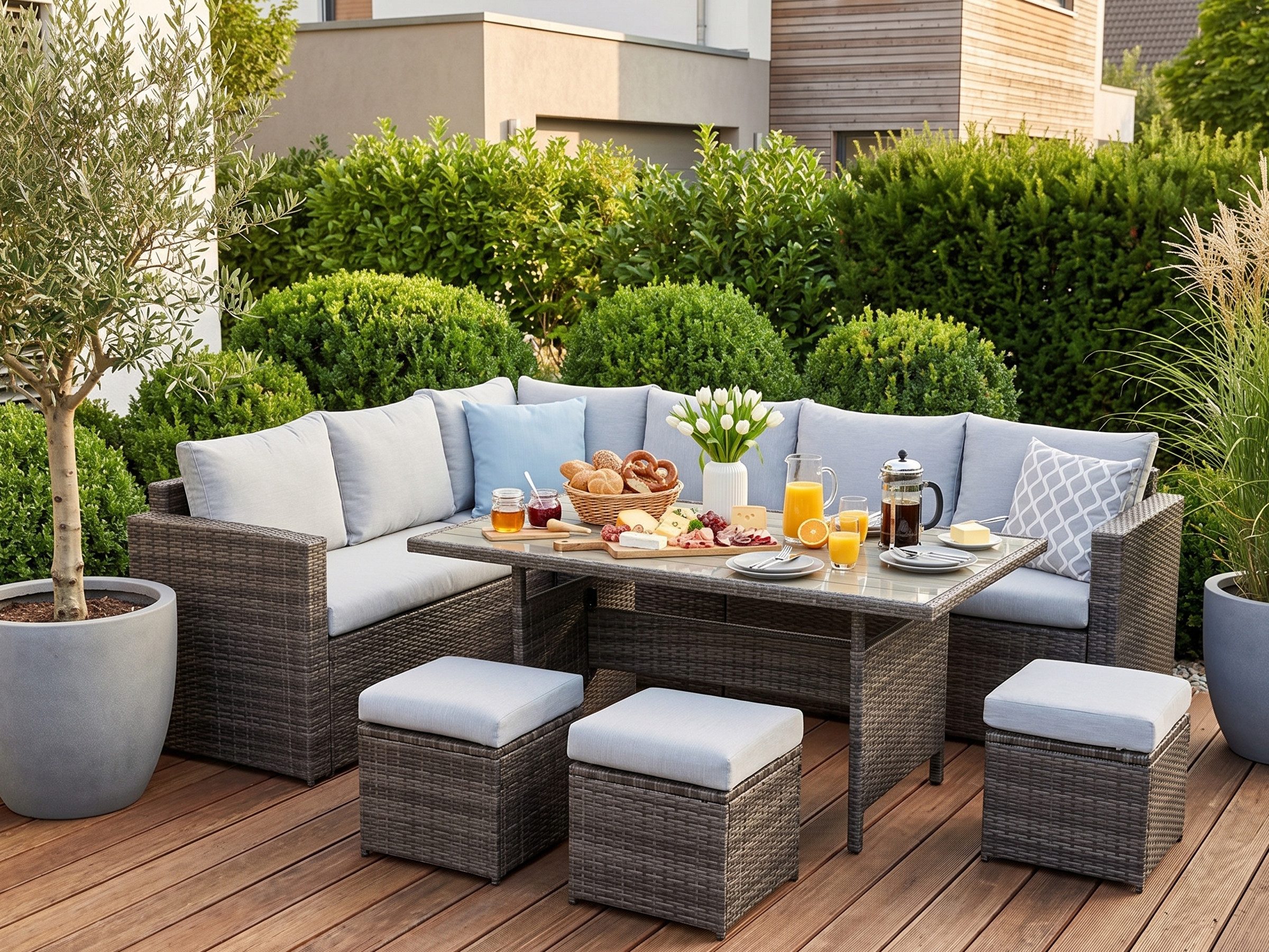 MeXo Loungeset Gartenlounge Set für 8 Personen wetterfest, (Esstisch breit 132x76x67cm, 7-tlg., Belastbarkeit pro Sitzplatz bis zu 140kg), Ecklounge, pflegeleichte Polywood-Tischplatte, Polyrattan/Stahl