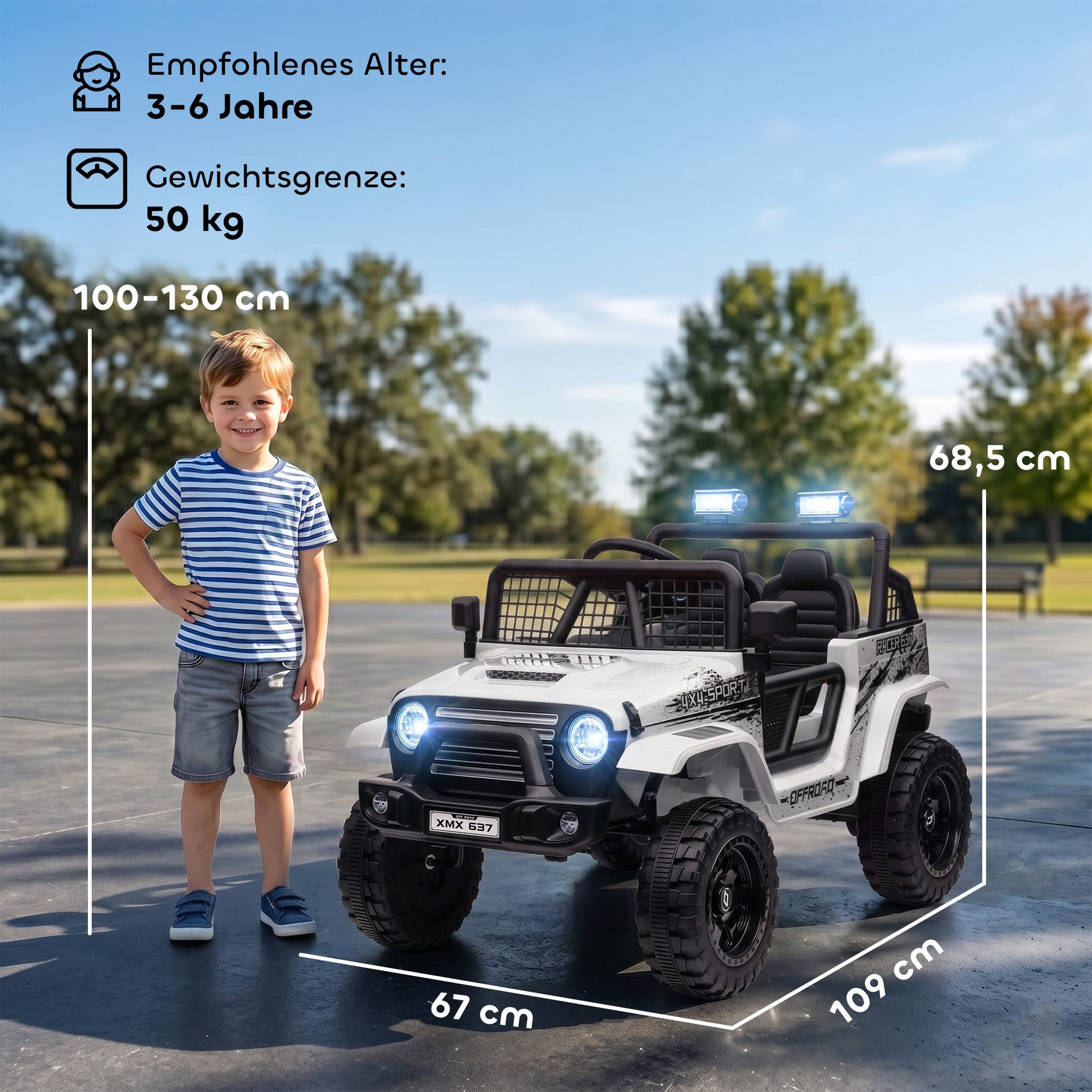 AIYAPLAY Elektro-Kinderauto mit Musikanschluss, 2,4G Fernbedienung, Scheinwerfer, Hupe, 3-5 km/h, Belastbarkeit 25 kg, (1-tlg), für Kinder 3-6 Jahre, Weiß