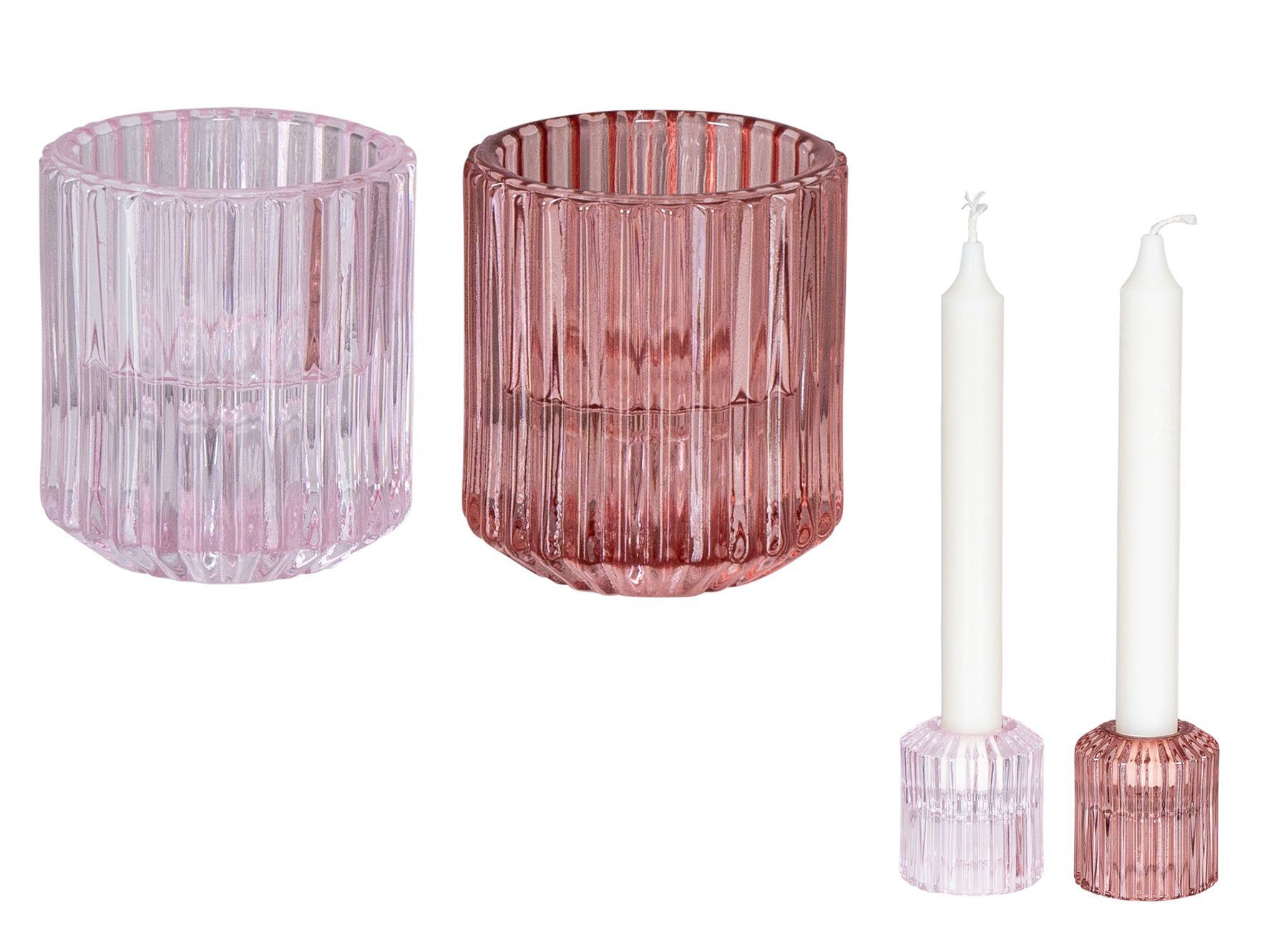 Levandeo® Teelichthalter, 2er Rosa Pink Glas Pink Stabkerzen 2in1 Set für Kerzenständer Rosa