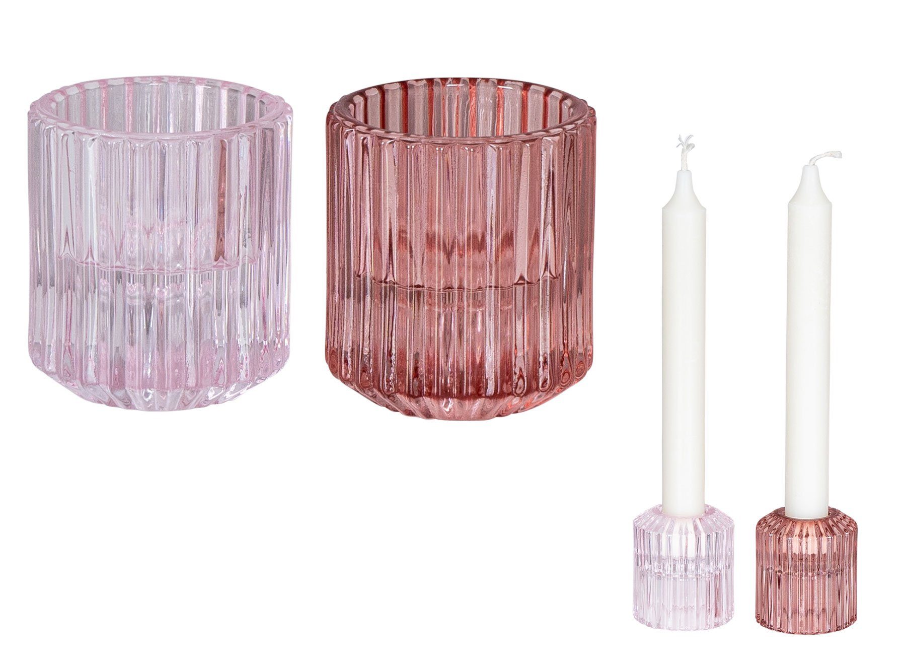 Levandeo® Teelichthalter, 2er Set Kerzenständer für Stabkerzen Glas Rosa Pink 2in1