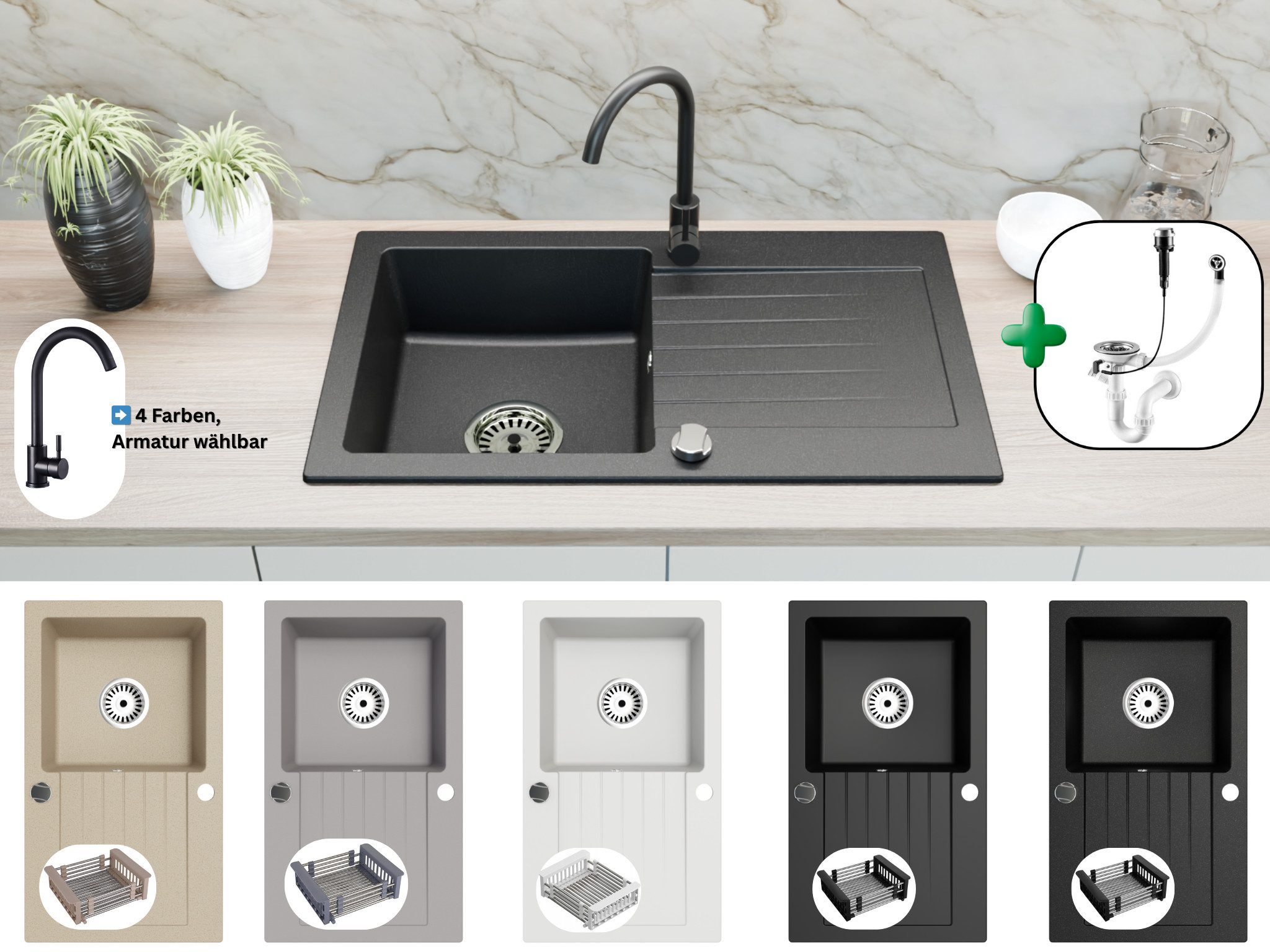 Faizee Möbel Granitspüle Granitspüle 75×43,5 cm, Spülkorb, Armatur wählbar, günstig online kaufen