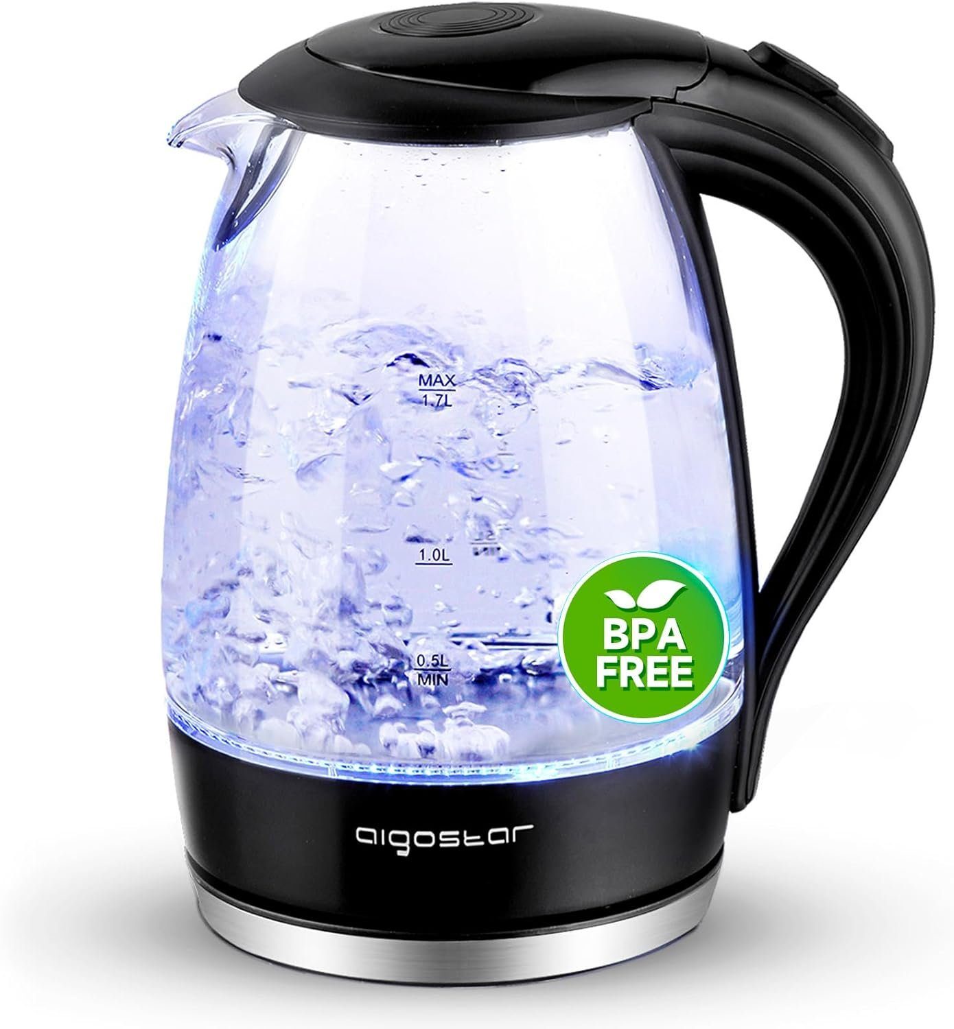 Aigostar Wasserkocher, 1,7 l, 2200,00 Glas Liter, BPA 100% Watt, LED-Beleuchtung, 2200 Frei, W, 1,7 Verdicktes