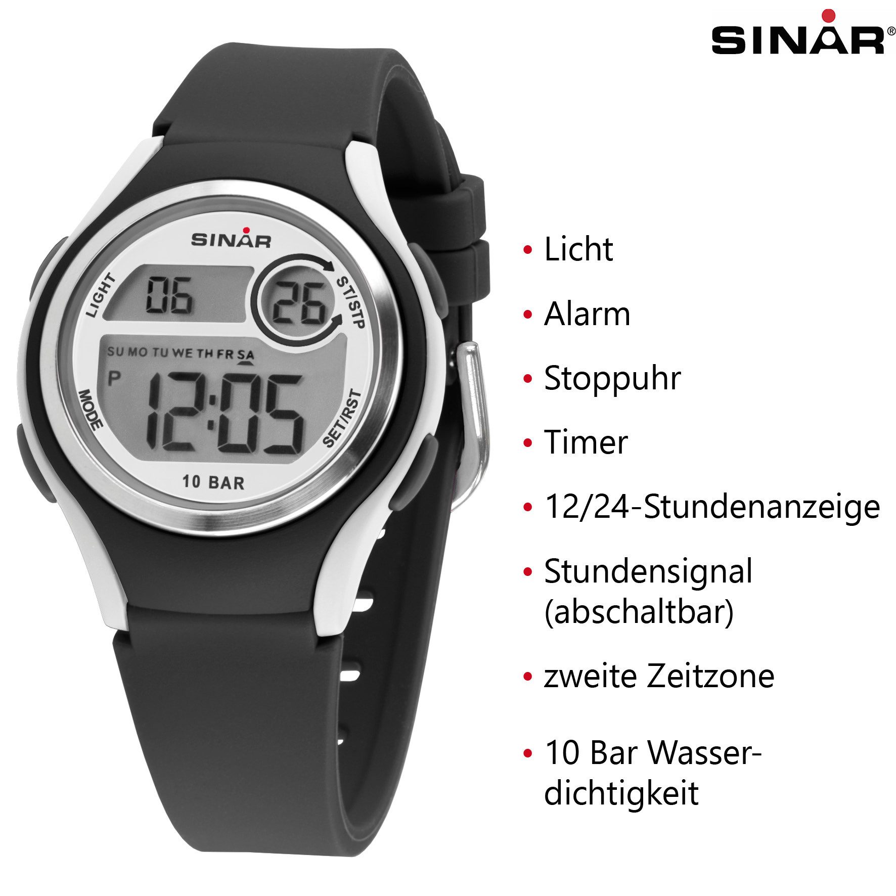 SINAR Digitaluhr XE-64 Jugend Armbanduhr Sportuhr Silikonband 10 bar, digital sportlich modern Geschenkidee Jugend Ø 36 mm