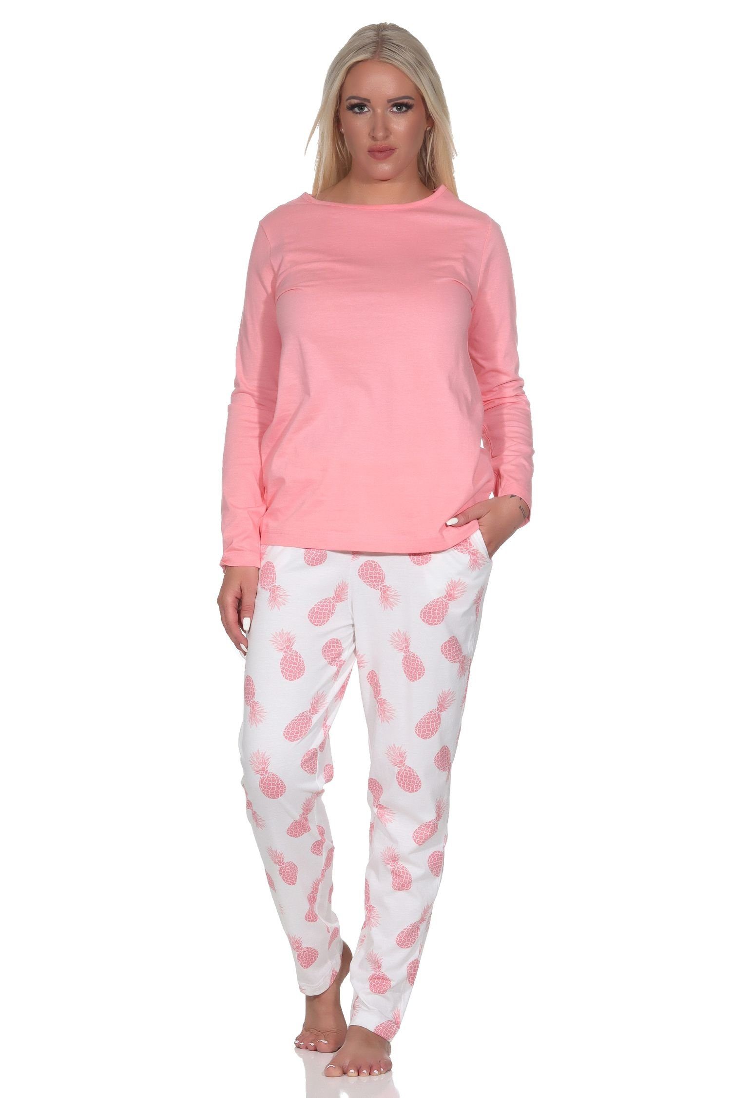 Normann Pyjama Damen Langarm Schlafanzug Homewear mit Ananas als Motiv rosa