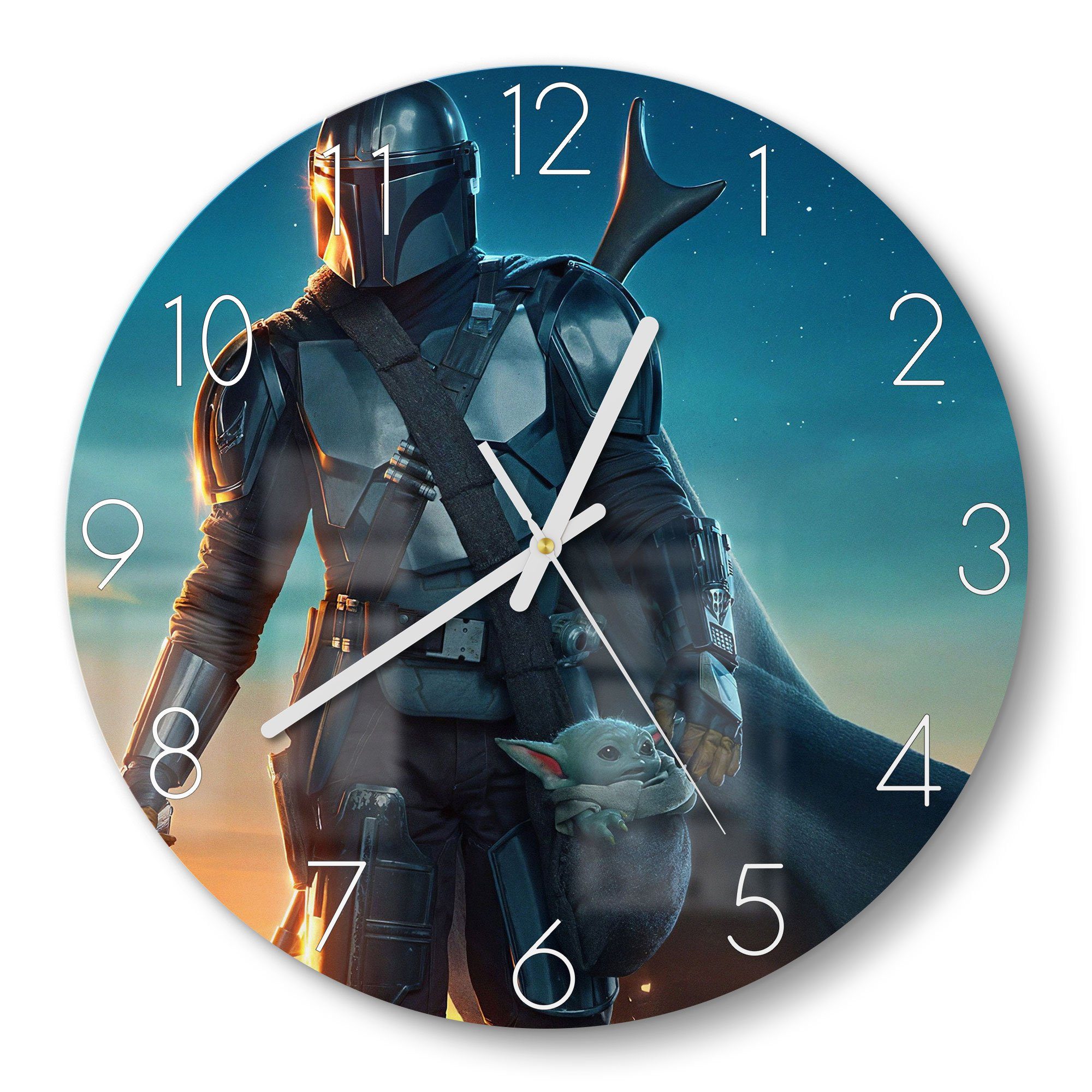 DEQORI Wanduhr 'Mandalorian und Baby Yoda' (Glas Glasuhr modern Wand Uhr Design Küchenuhr)