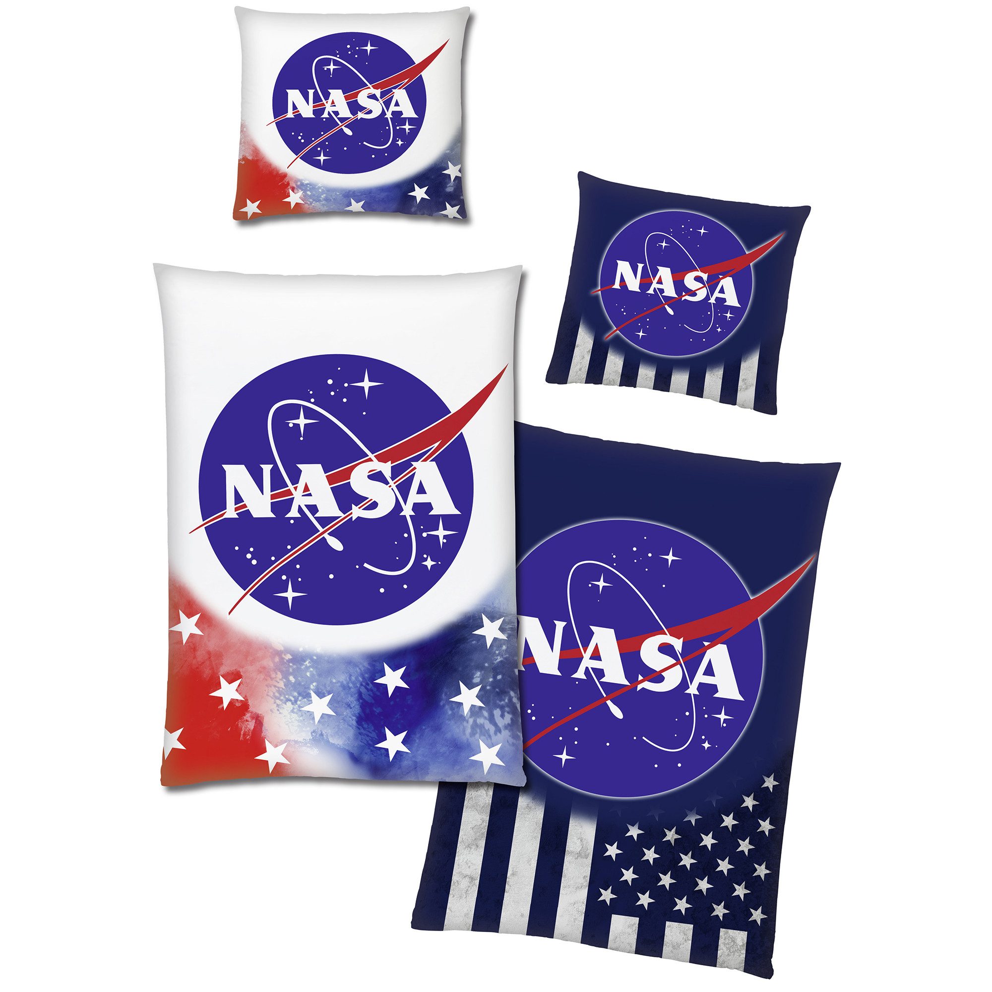 BERONAGE Wendebettwäsche NASA Stars & Stripes Glow in The Dark Bettwäsche Linon / Renforcé, 100% Baumwolle, 2 teilig, 135x200 + 80x80 cm, leuchtet im Dunkel