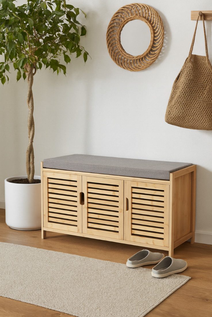 AD.CON Schuhbank Schuhbank aus Bambus mit Schrank und Sitzkissen Sitzbank Schuhregal