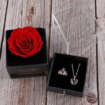 Lubgitsr Charm-Ketten-Set Ewige Rose mit Herz Halskette, Infinity Rosen, Schmuck Geschenkbox (3-tlg)