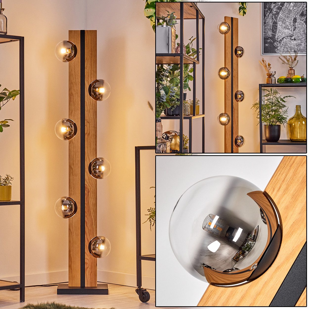 hofstein Stehlampe Stehlampe aus Holz/Metall/Glas in Natur/Schwarz/Chrom/Rauch/Klar, ohne Leuchtmittel, 120 cm, G9, Fußschalter - Wohnzimmer, Schlafzimmer, Esszimmer