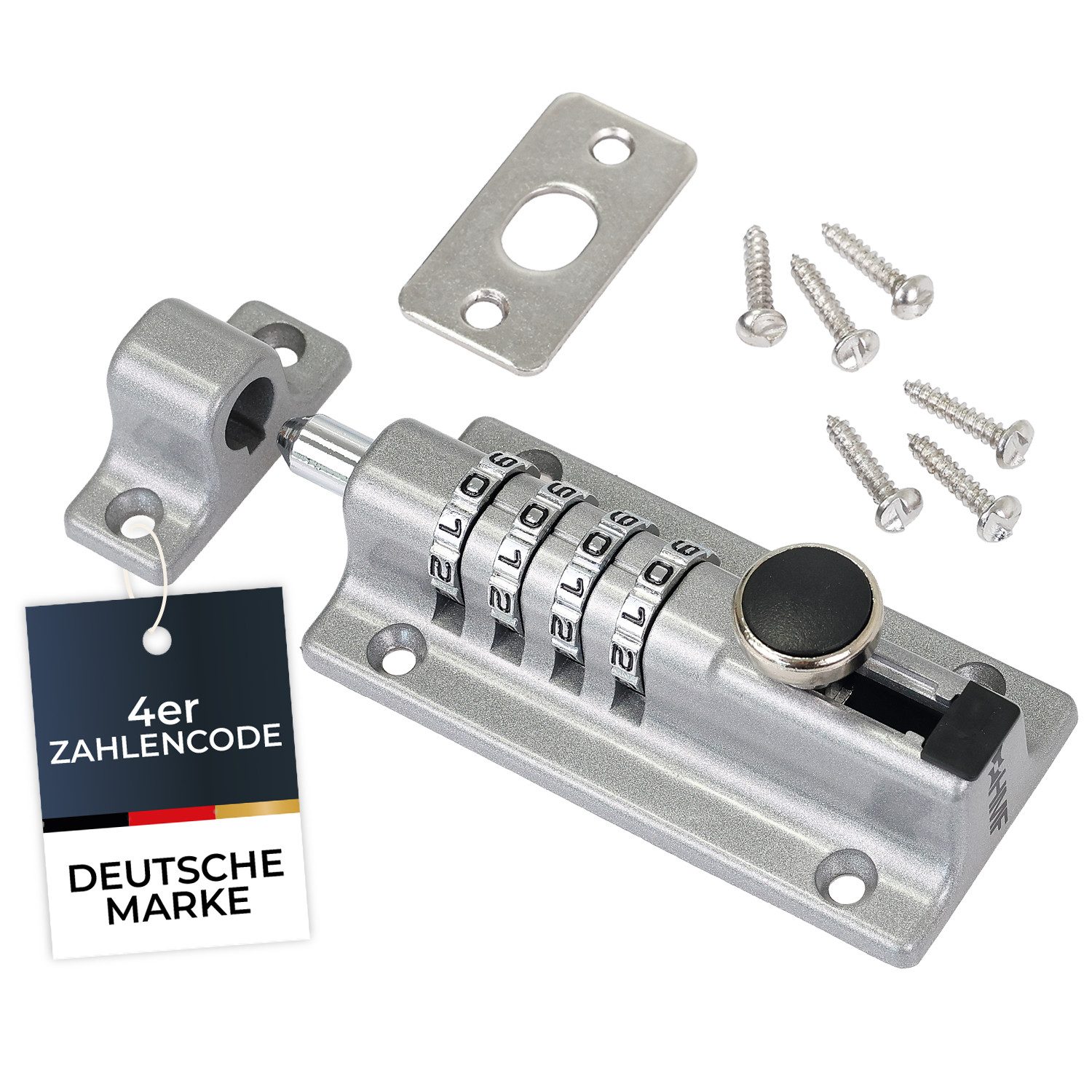 HMF Bolzenriegel Riegelschloss 3591-09, Türriegel mit 4-stelligem Zahlencode, Din Rechts und Din Links, aus Zinklegierung, 12,2 x 4 x 4,8 cm, Silber