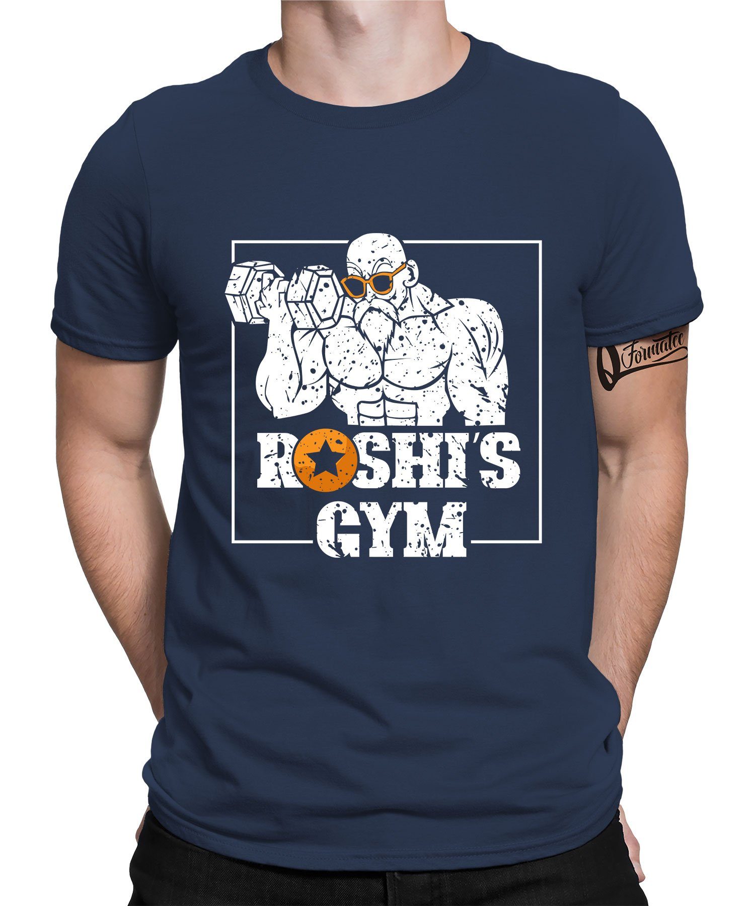 Quattro Formatee Kurzarmshirt Roshi's Gym - Workout Fitness Herren T-Shirt (1-tlg) Navy Blau