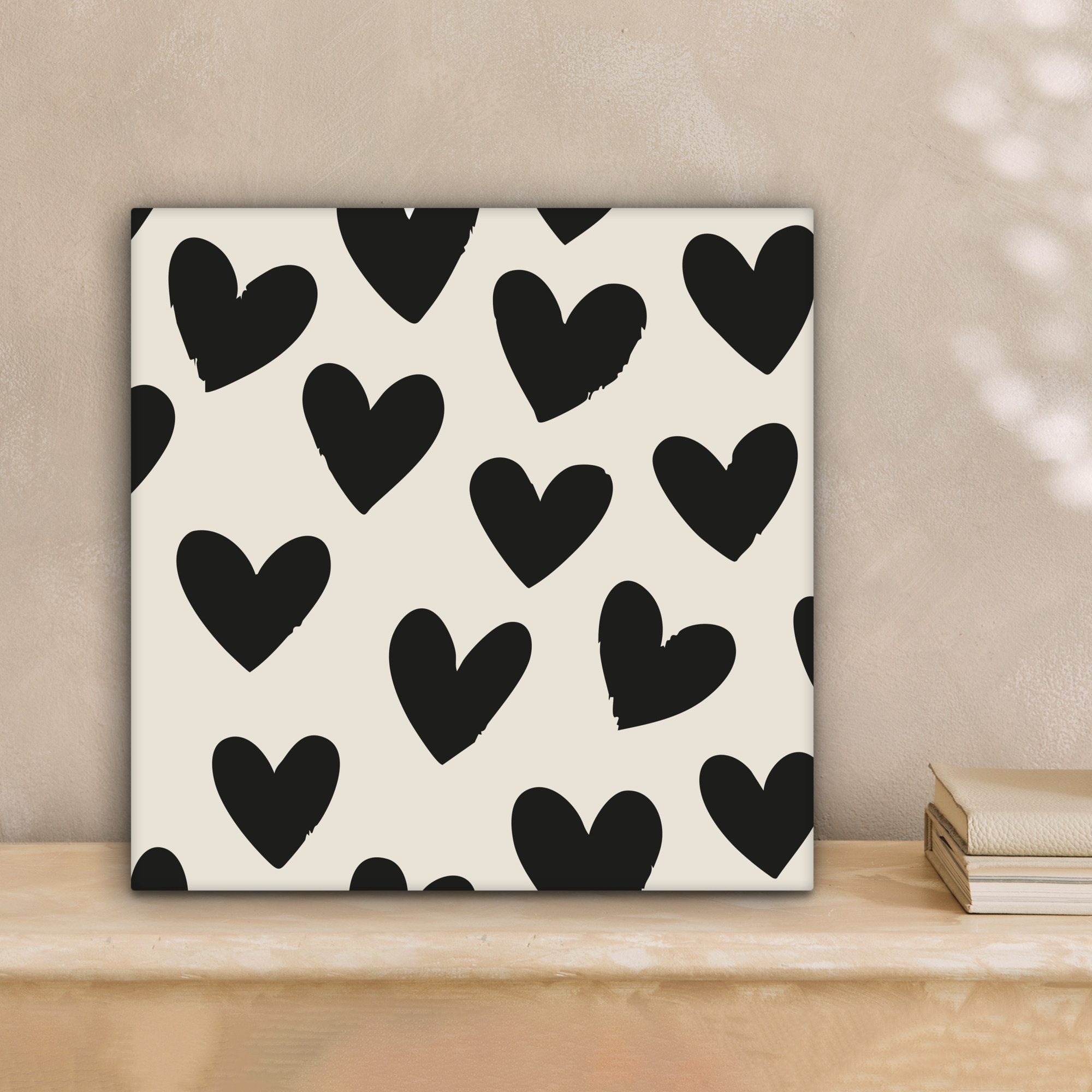 OneMillionCanvasses® Leinwandbild Herzen - Schwarz - Beige, Fotodruck (1 St), Wandbild, Deko Schlafzimmer Wohnzimmer Flur 20x20 cm