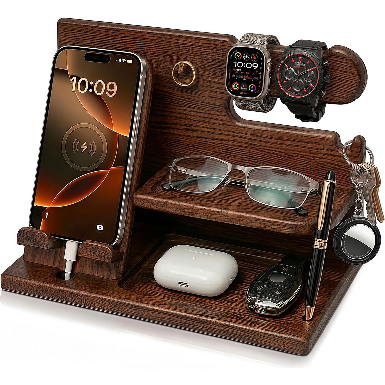 MOPUEA Badorganizer Organizer Holz Telefon Dockingstation & Schreibtisch Organizer (Holz Handy-Dockingstation mit praktischer Schreibtischablage, Handyhalter mit Ablage für Uhr, Schlüssel, Brille und Geldbörse), Multifunktional, platzsparend, übersichtlich und vielseitig nutzbar