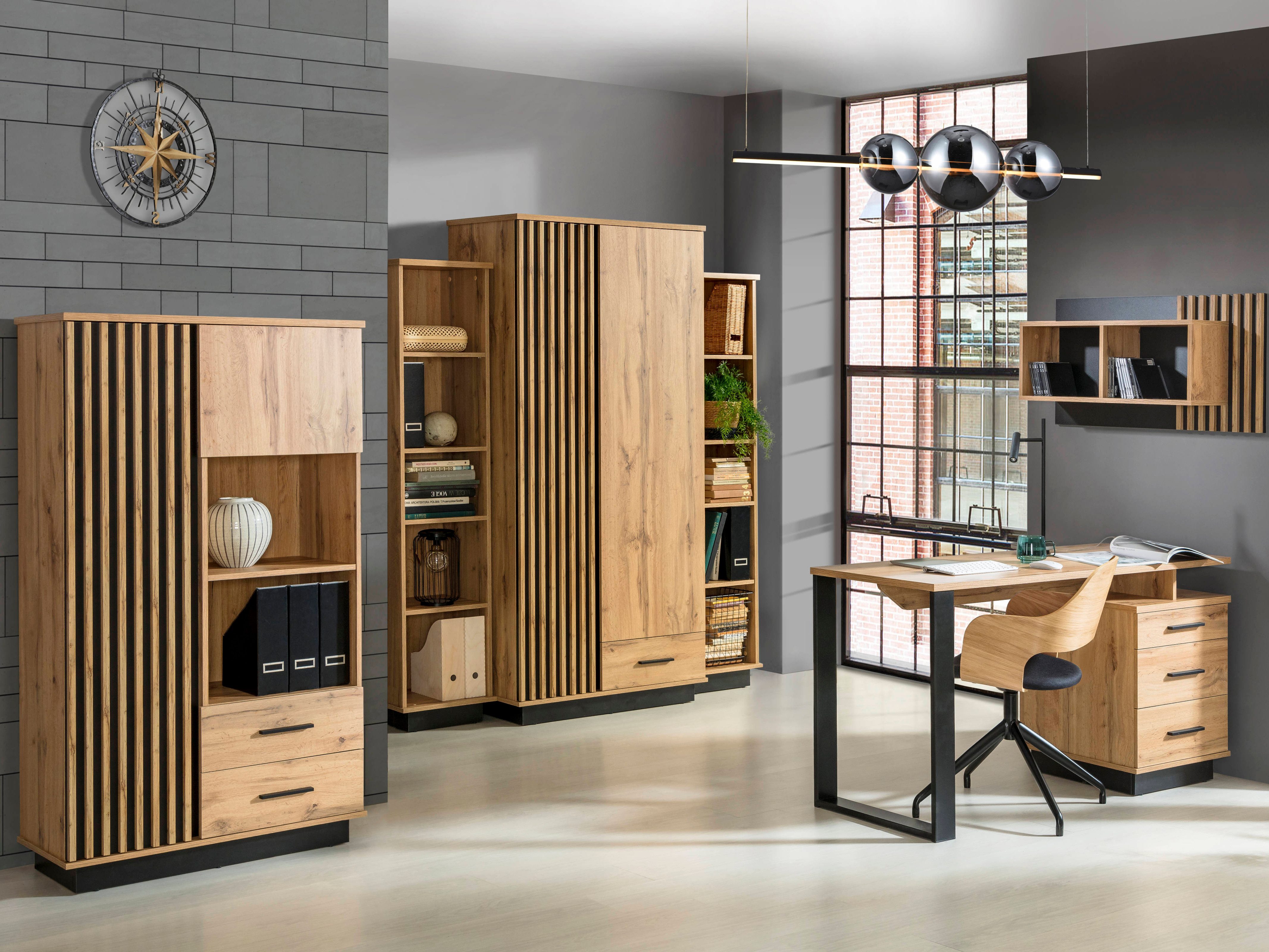 Beautysofa Schreibtisch mit drei Schubladen LAMELO (Eiche Wotan/Schwarz, modernes Loft-Design), Modernes Design mit Schubladen, Grifflose Eleganz, Stabil & Langlebig